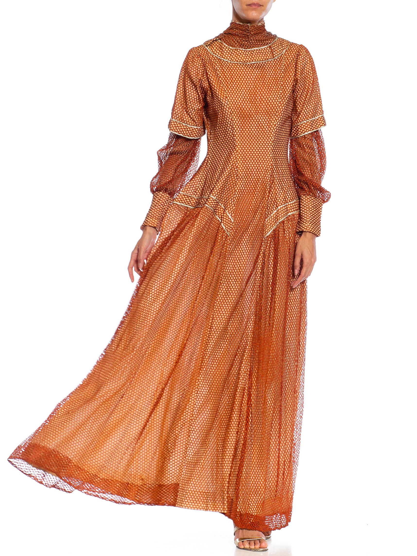 Edwardian Bronze Silk Mesh Over Pale Pink Satin Gown With Long Sleeve For Sale 5