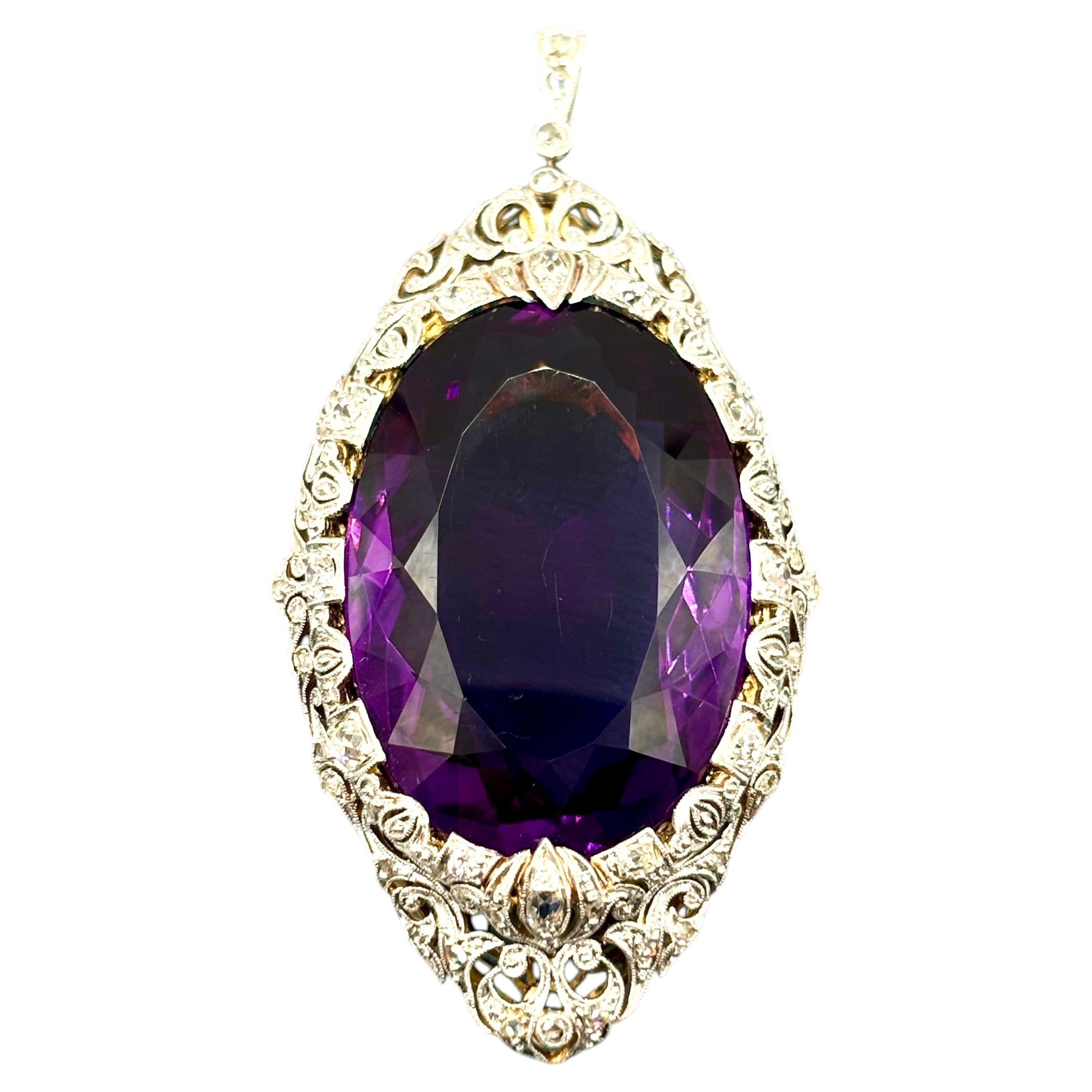 Antike große Amethyst-Anhänger-Brosche-Halskette aus Platin und Gold mit Diamanten im Altschliff