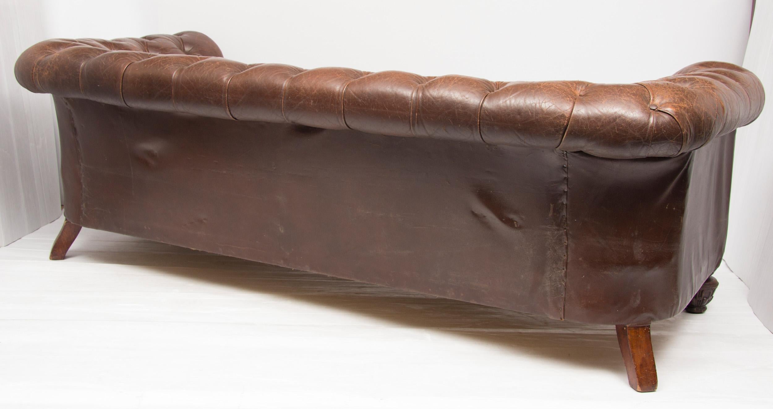 English Edwardian Brown Leather Chesterfield Sofa.