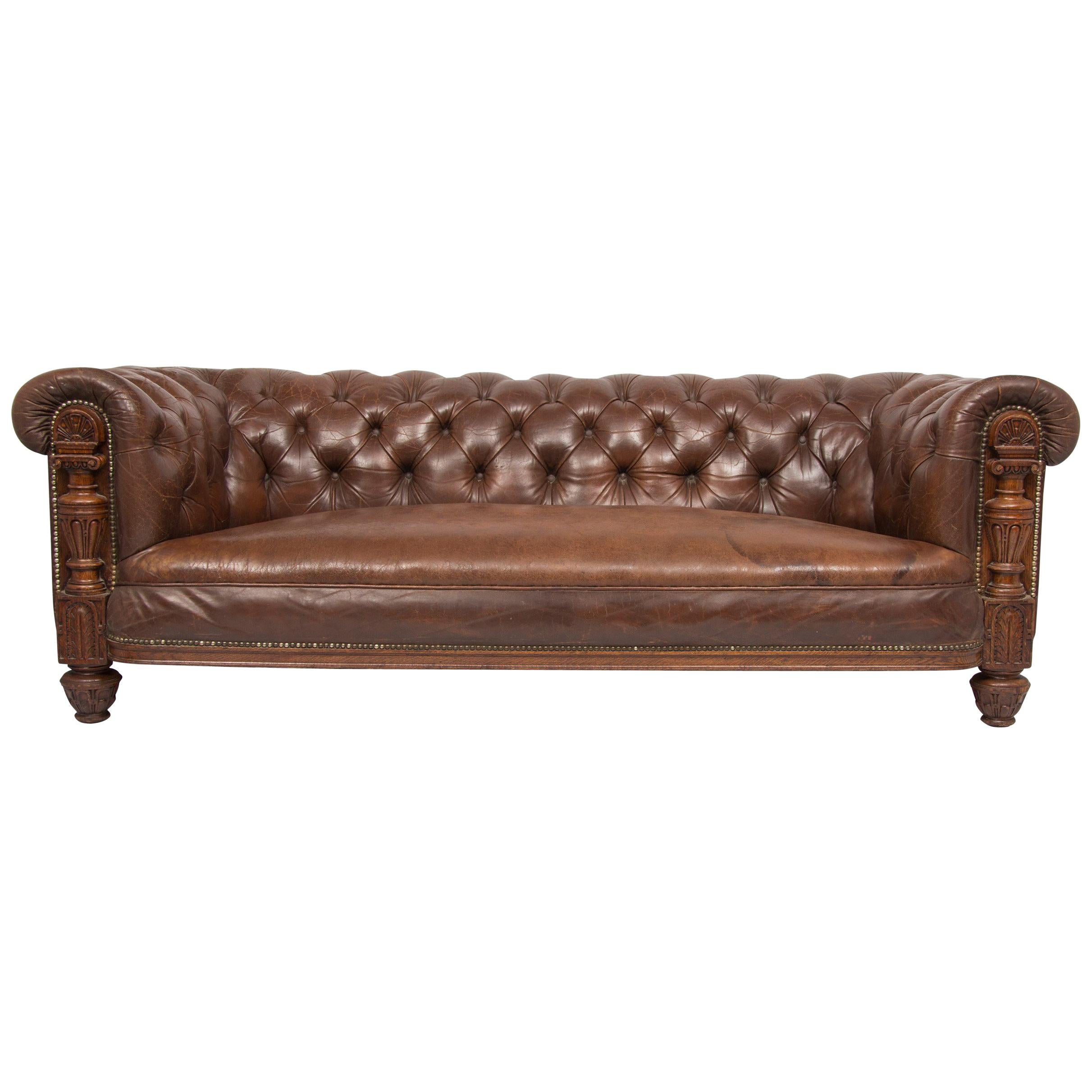 Edwardian Brown Leather Chesterfield Sofa.