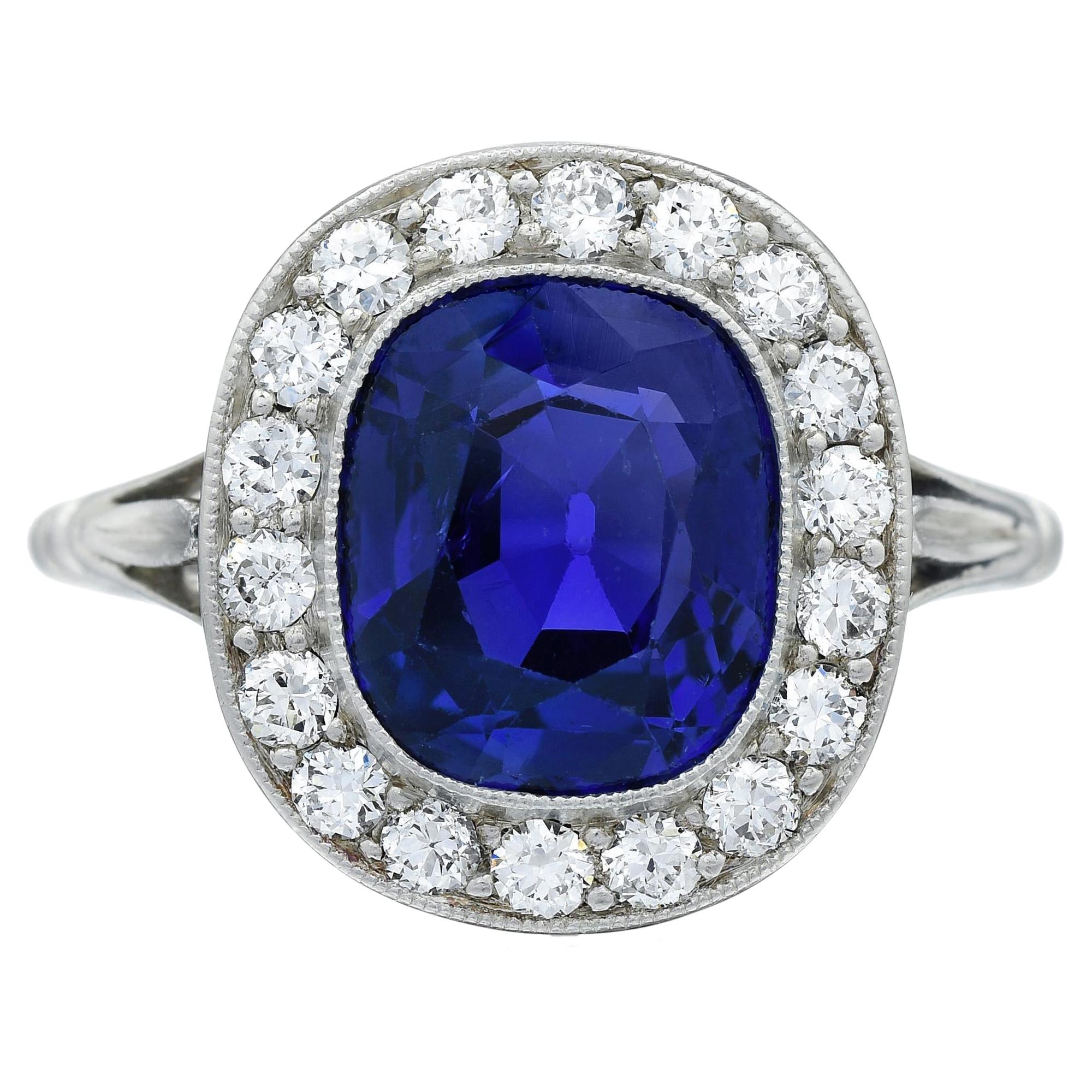 Edwardian Burma No Heat Blue Sapphire and Diamond Platinum Engagement Ring