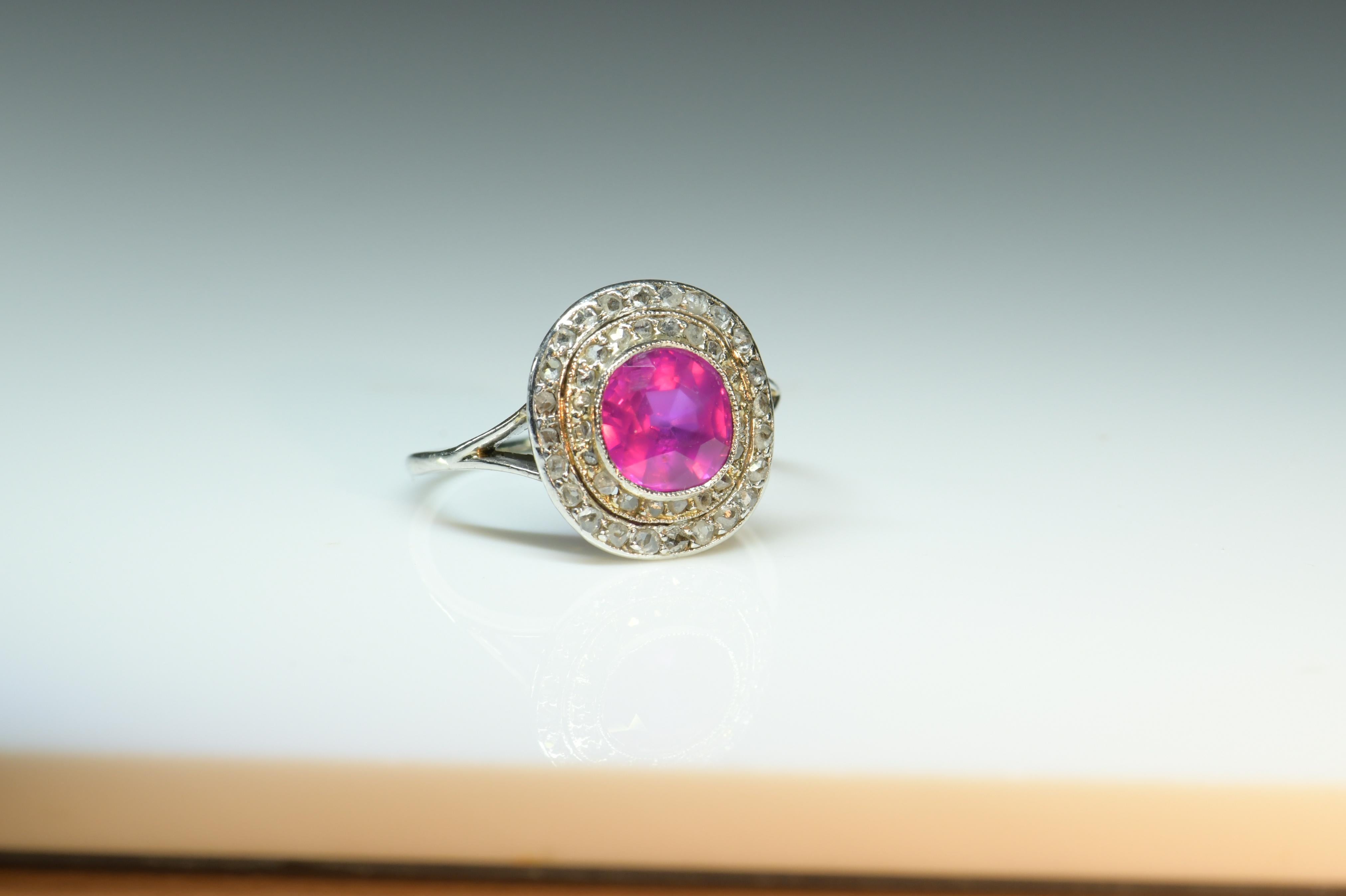 Rose Cut Edwardian Burma No Heat Pink Sapphire and Diamond Platinum Engagement Ring