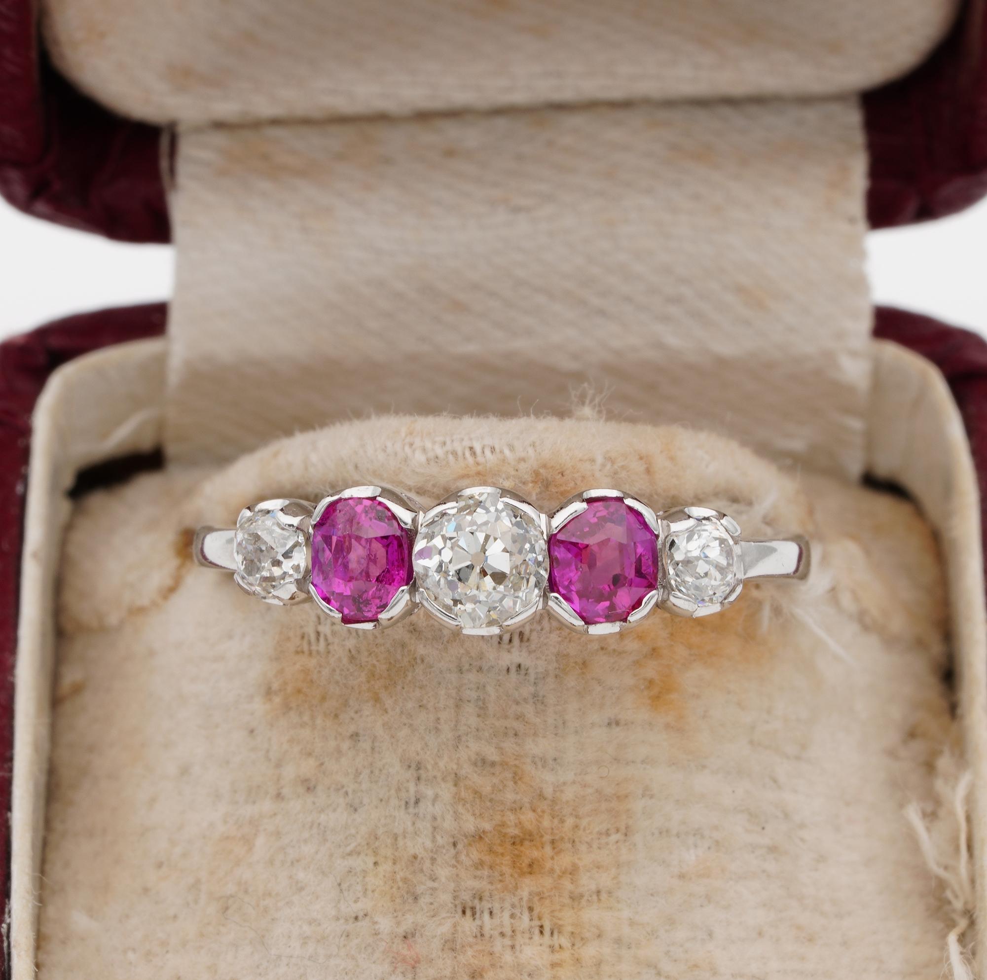 Everlasting Beauty!

A simply stunning Edwardian era five stone ring
A bright and vivacious display of natural gemstones starring on this classy and eternal antique hoop ring very finely hand crafted of solid Platinum not marked during the very