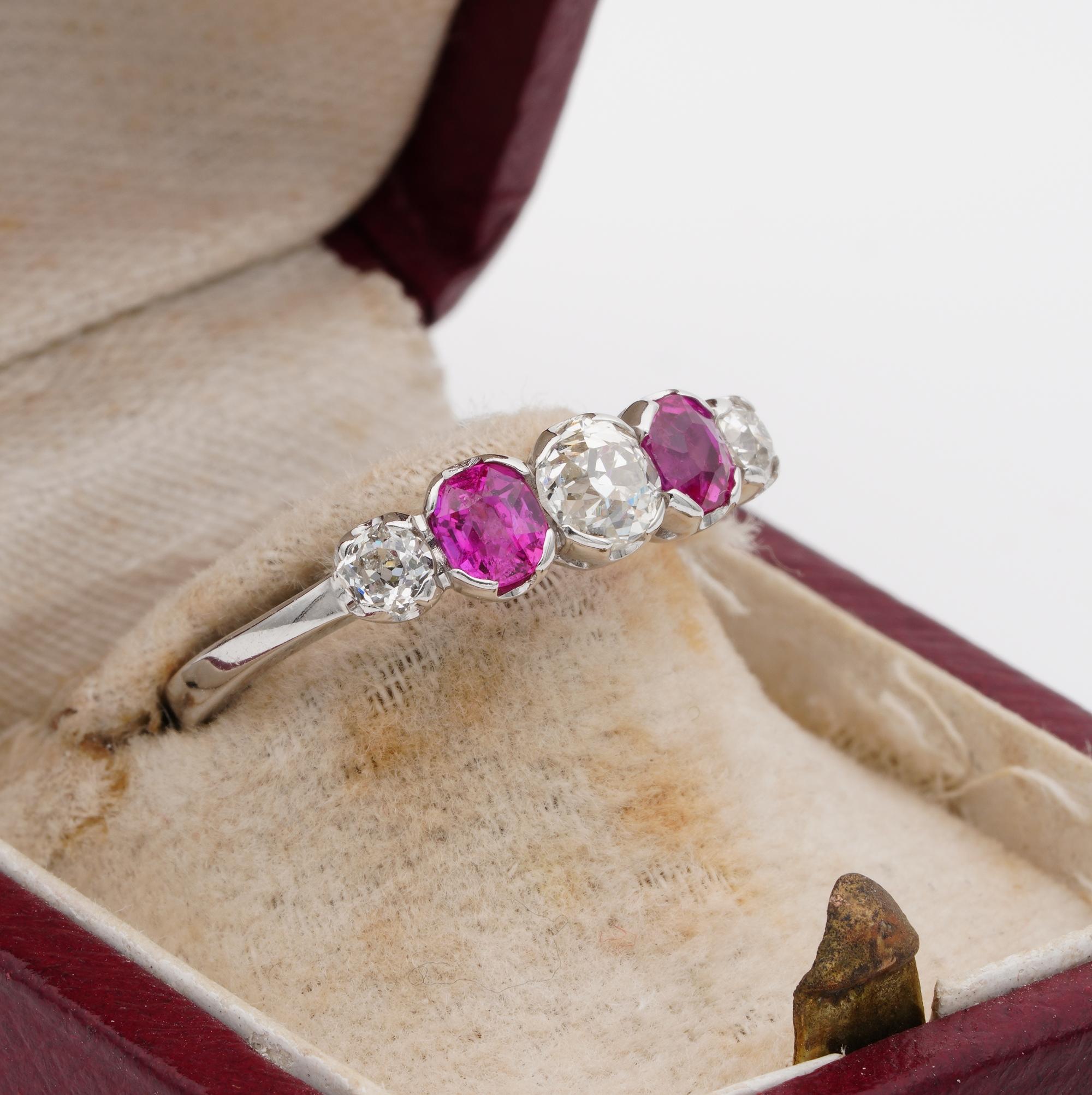 Women's or Men's Edwardian Burma Ruby and Diamond Five-Stone Platinum Ring For Sale