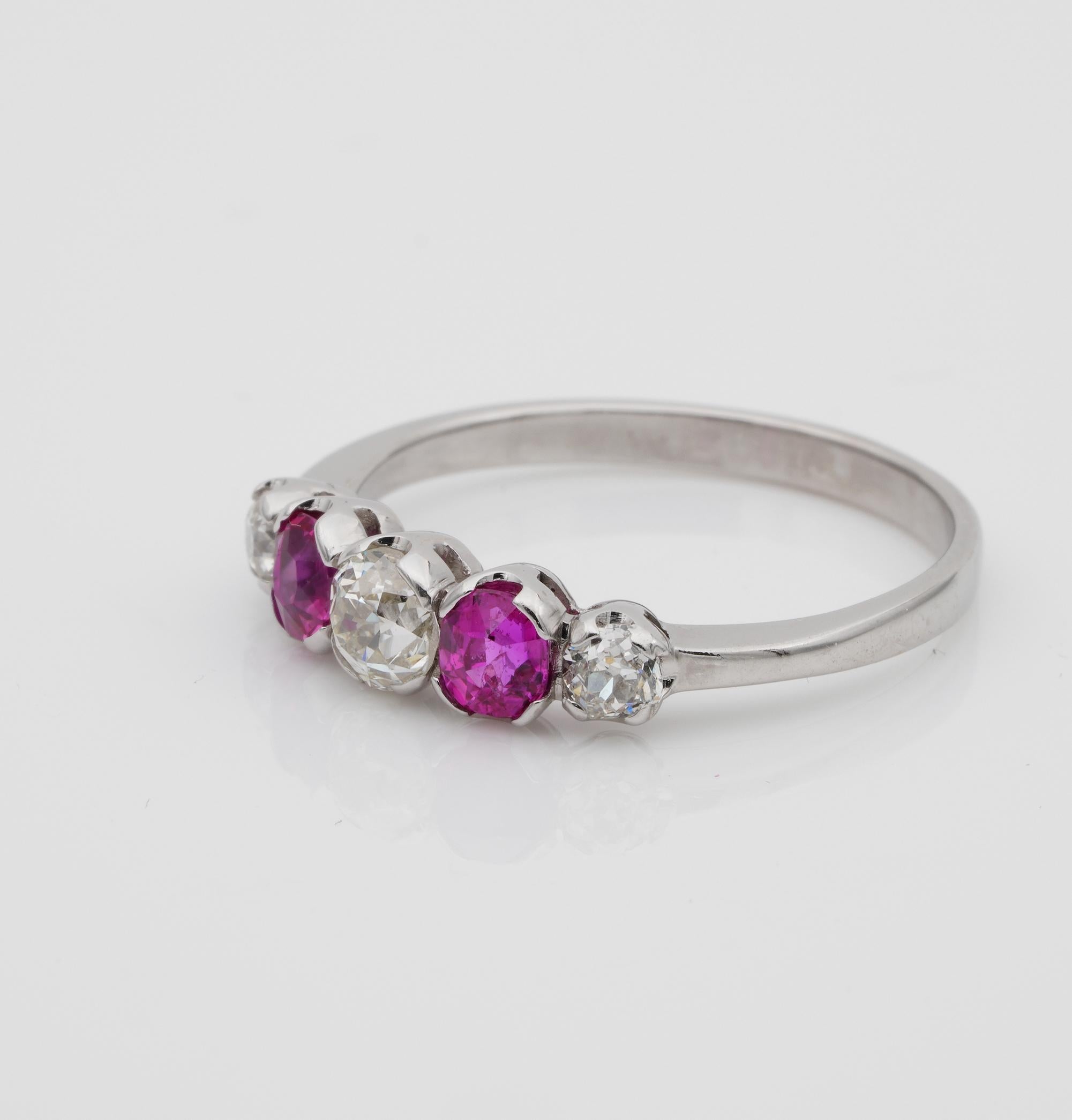 Edwardian Burma Ruby and Diamond Five-Stone Platinum Ring For Sale 1