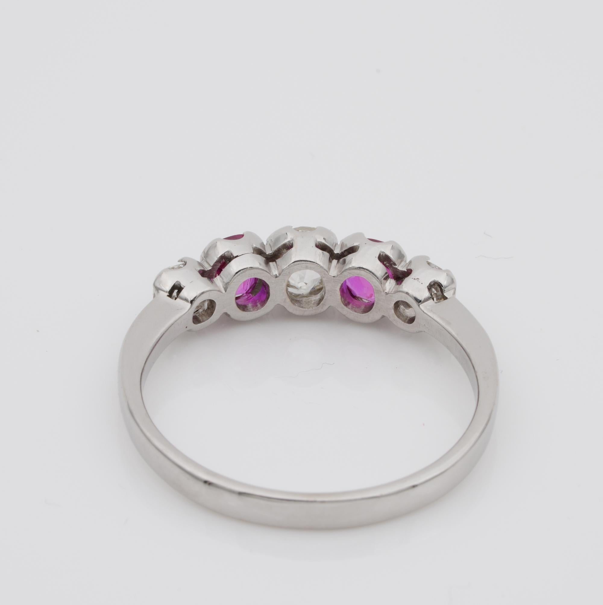 Edwardian Burma Ruby and Diamond Five-Stone Platinum Ring For Sale 4