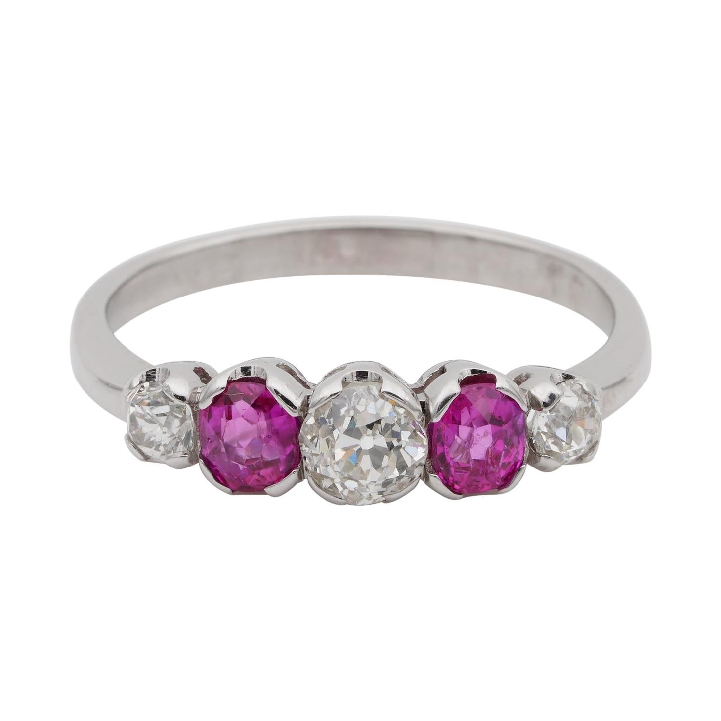 Edwardian Burma Ruby and Diamond Five-Stone Platinum Ring For Sale