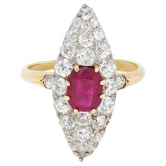 Edwardian Burma Ruby Diamond 18K Yellow Gold Antique Cluster Navette Ring