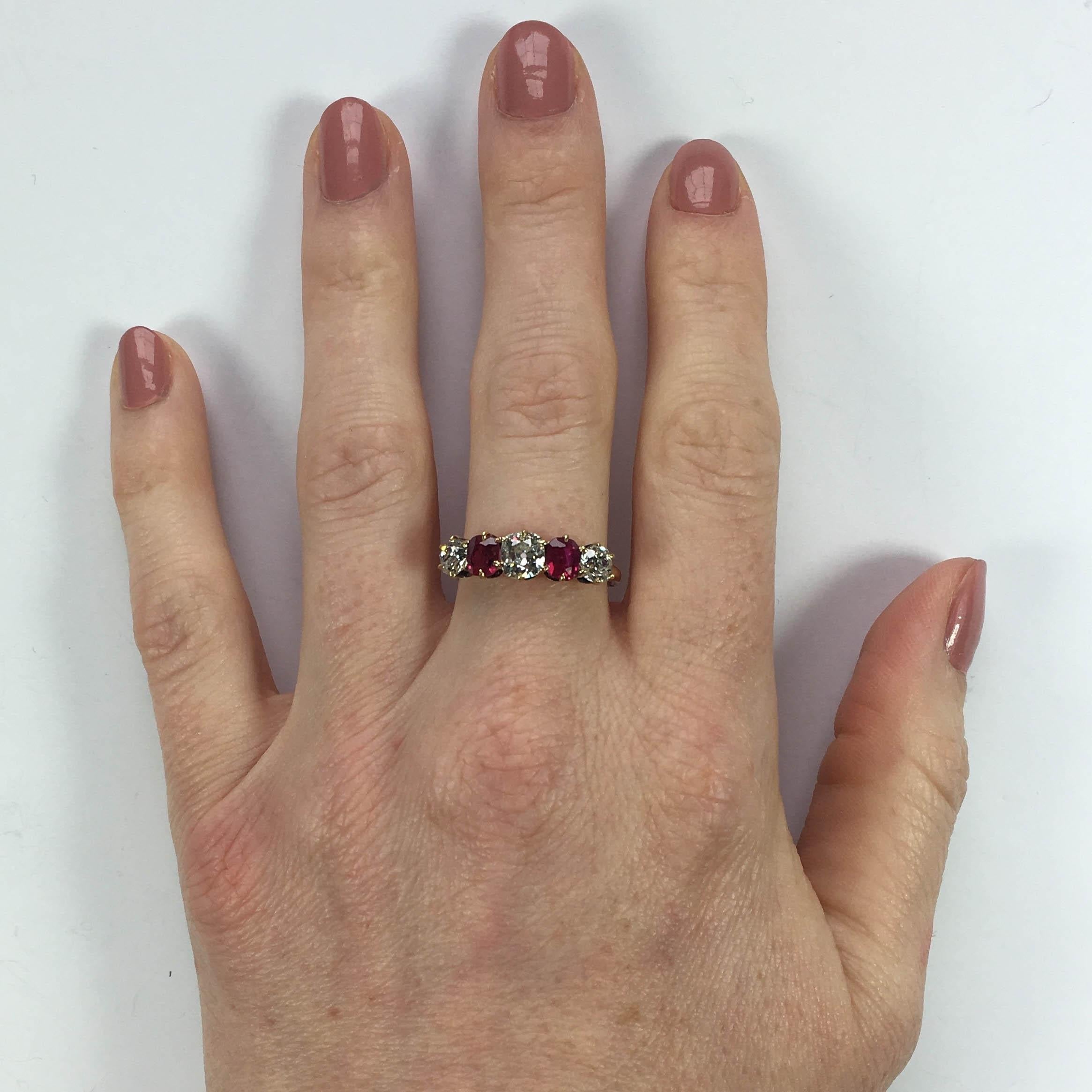 Edwardian Burmese Red Ruby White Diamond Five-Stone Engagement Ring In Good Condition For Sale In London, GB