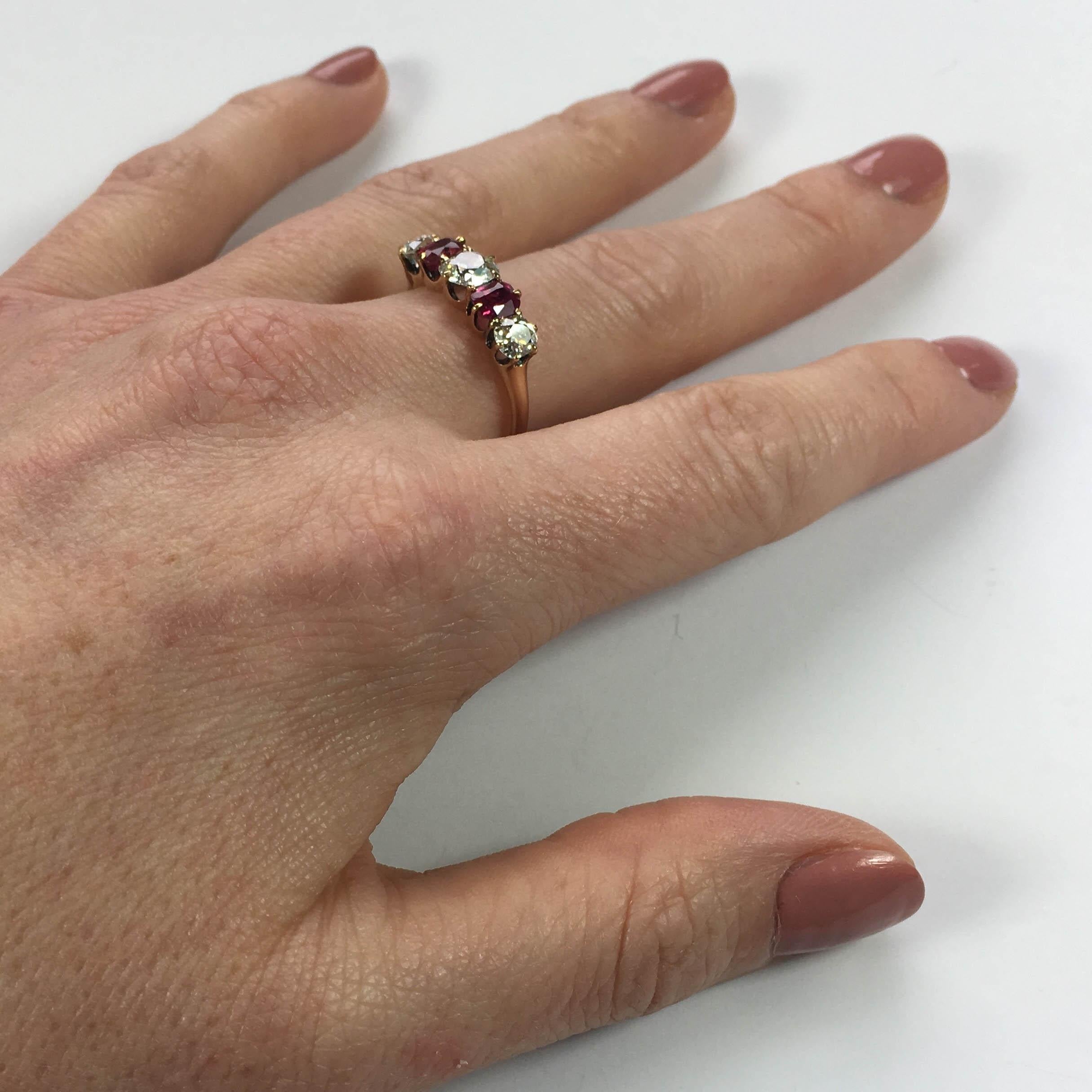 Edwardian Burmese Red Ruby White Diamond Five-Stone Engagement Ring 2