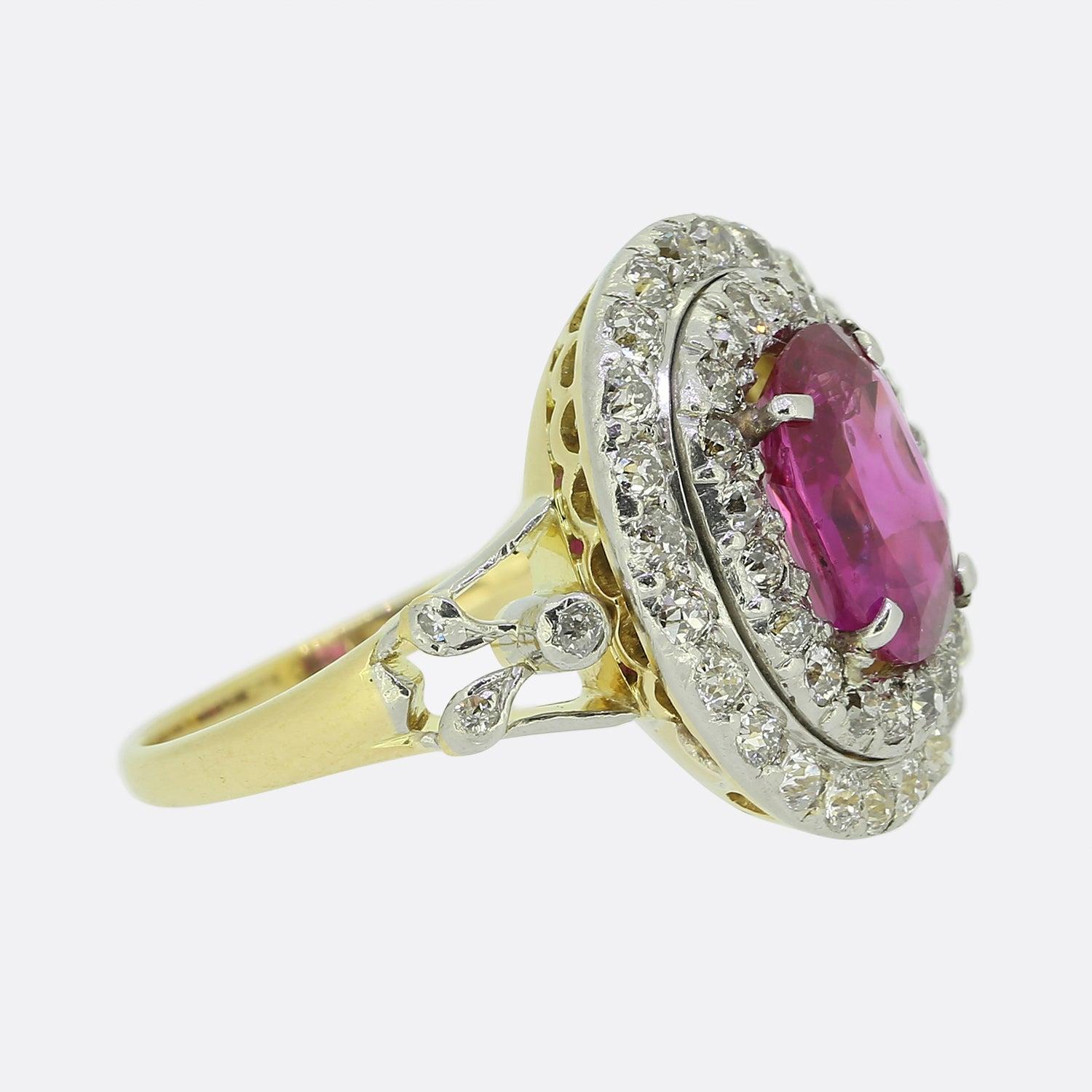 Oval Cut Edwardian Burmese Ruby and Diamond Cluster Ring For Sale