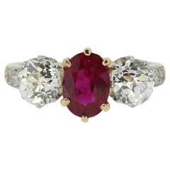 Edwardian Burmese Ruby and Diamond Three Stone Ring