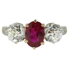 Edwardian Burmese Ruby and Diamond Three Stone Ring