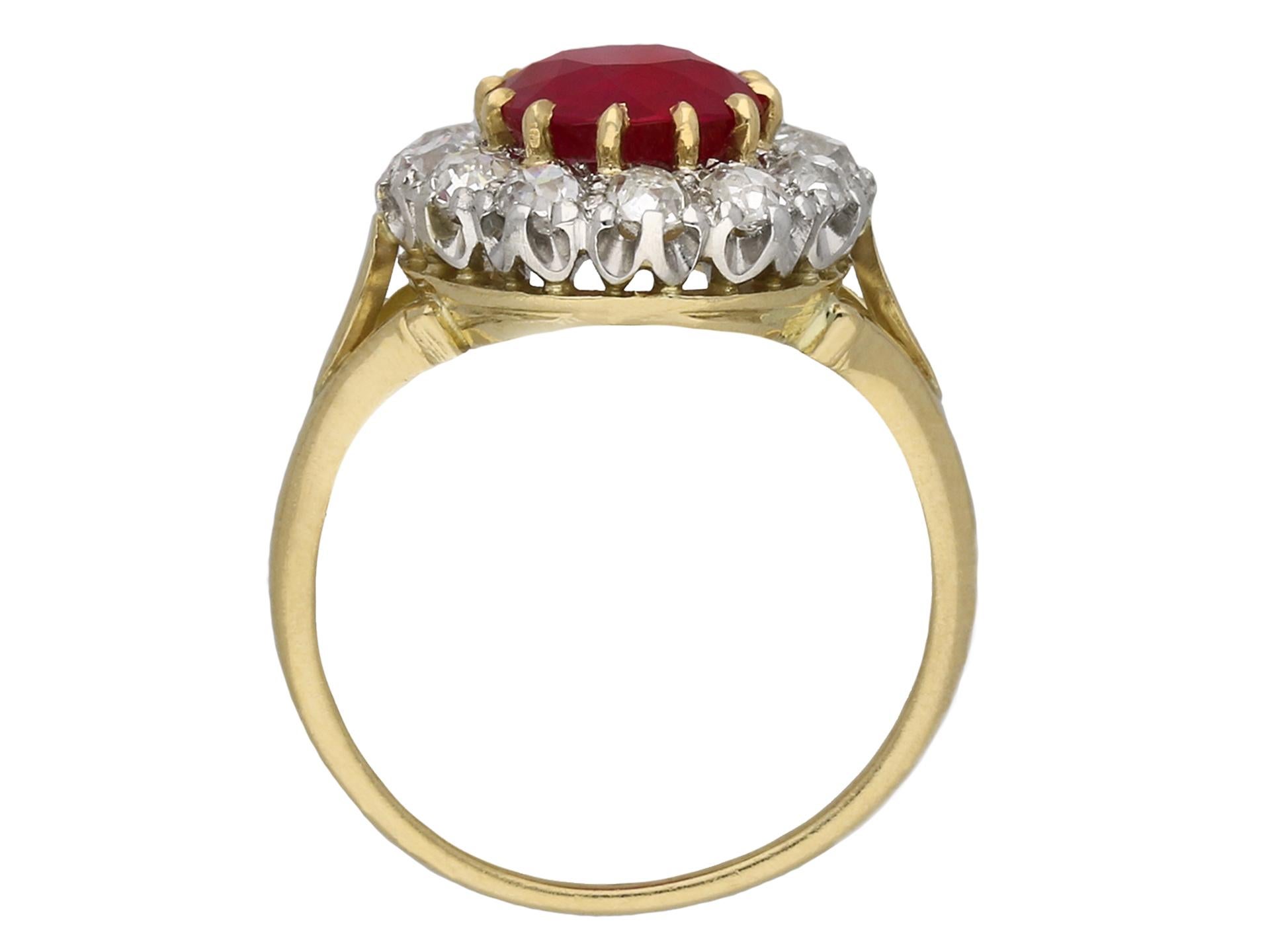 Old European Cut Edwardian Burmese Ruby and Diamond Coronet Cluster Ring, English, circa 1910 For Sale