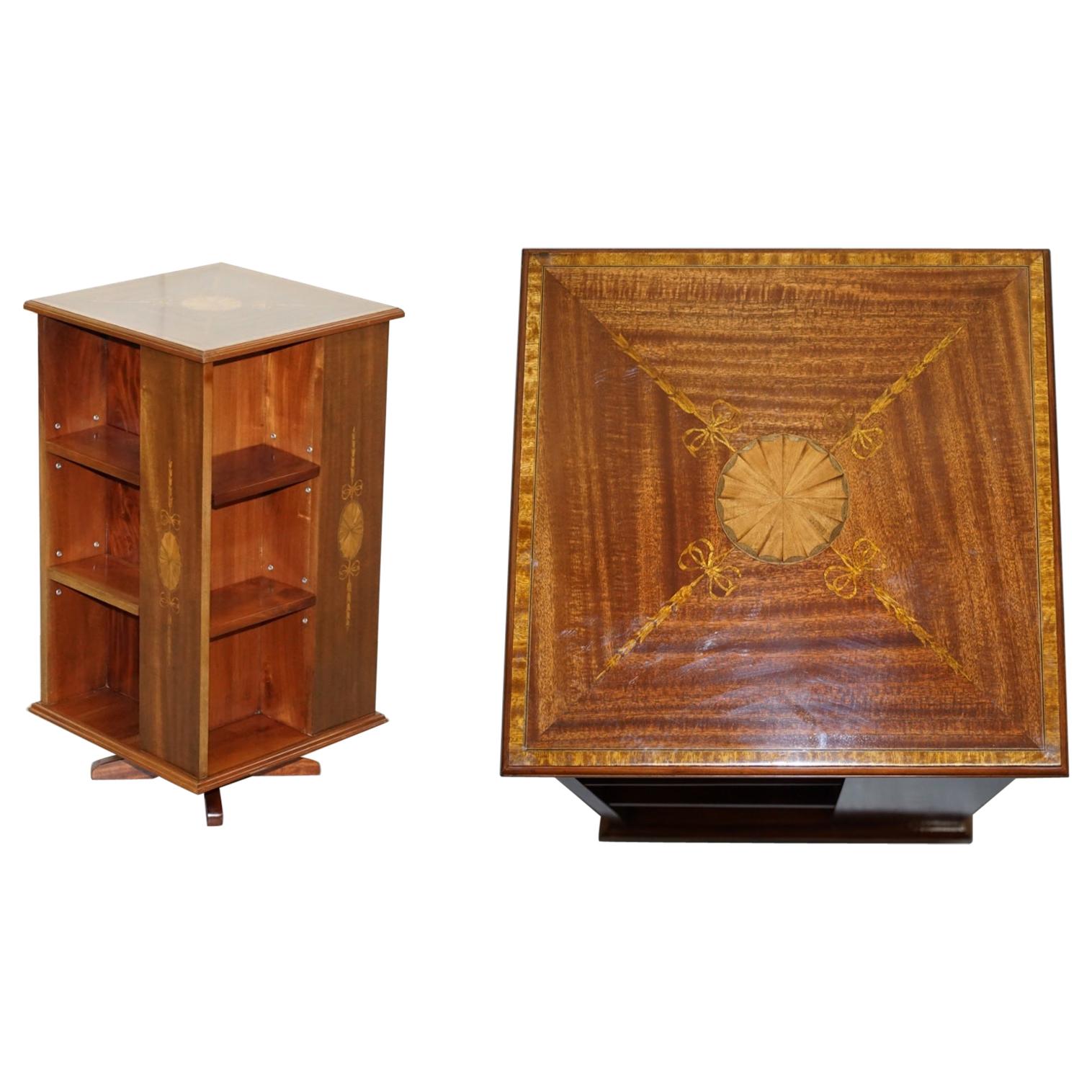 Edwardian Burr Walnut & Hardwood Revolving Bookcases Sheraton Inlaid, circa 1900 For Sale