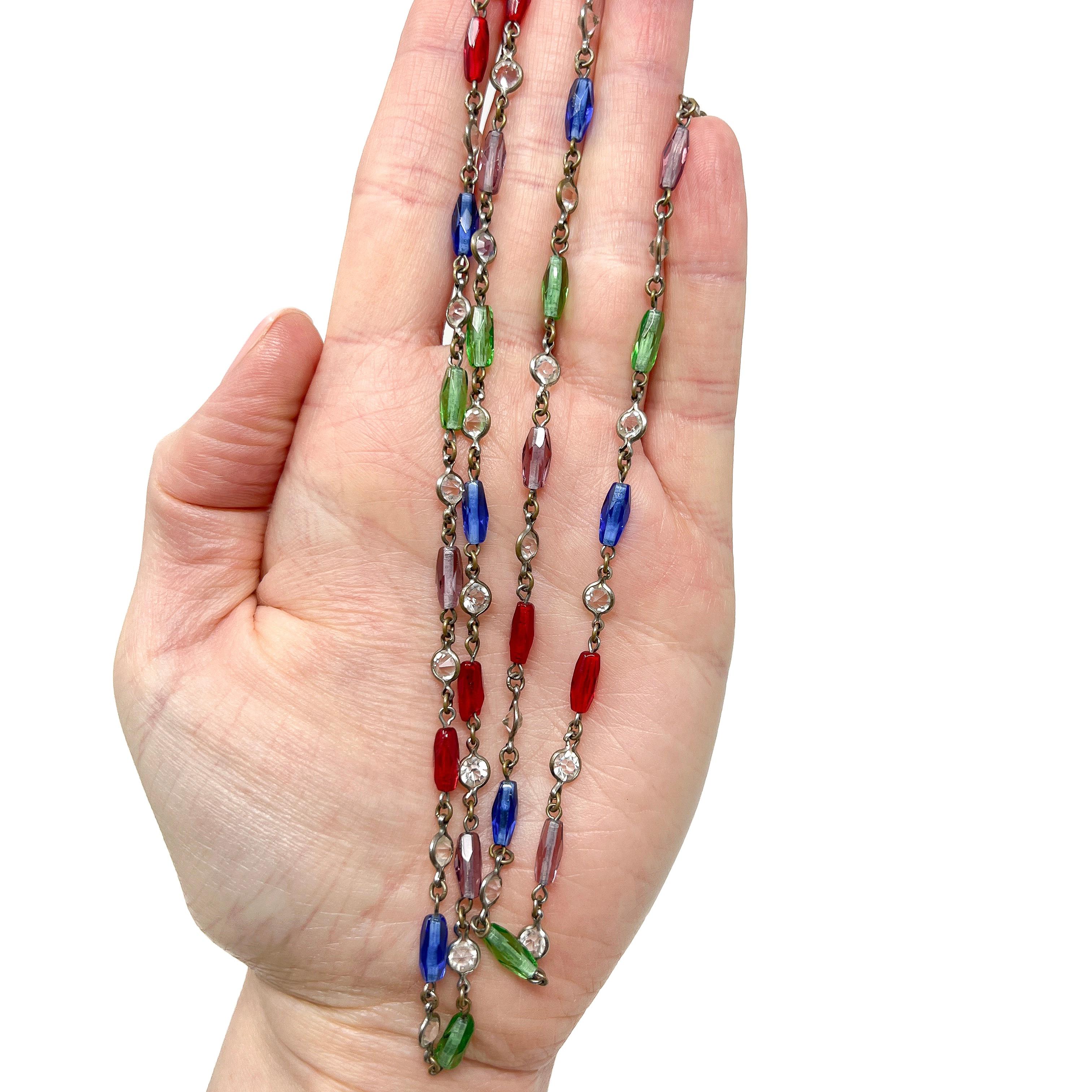 Edwardian c.1900 Crystal and Multi-Coloured Glass Antique Long Guard Chain For Sale 5