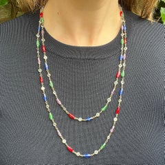 Edwardian c.1900 Crystal and Multi-Coloured Glass Antique Long Guard Chain