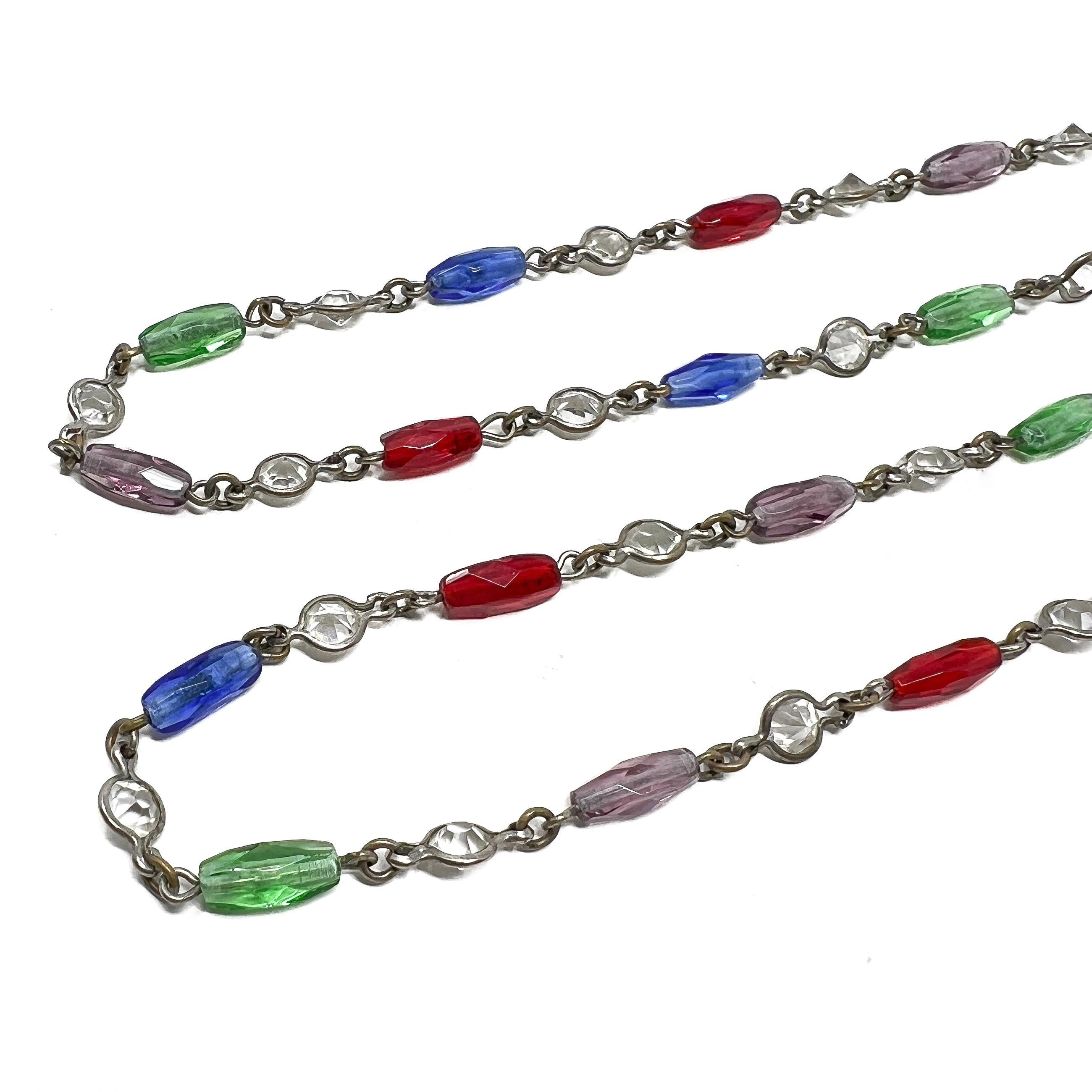 Women's Edwardian c.1900 Crystal and Multi-Coloured Glass Antique Long Guard Chain For Sale