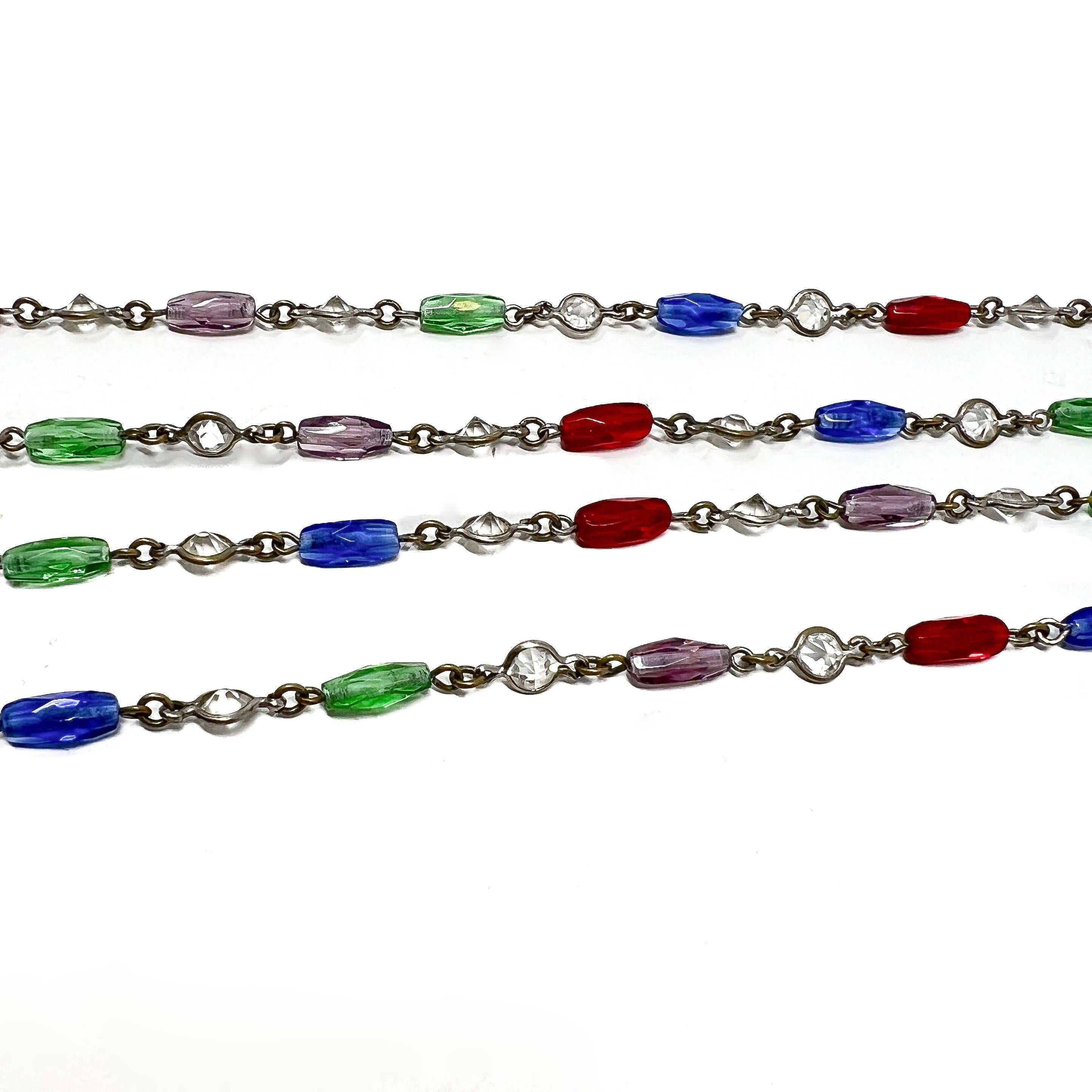 Edwardian c.1900 Crystal and Multi-Coloured Glass Antique Long Guard Chain For Sale 1