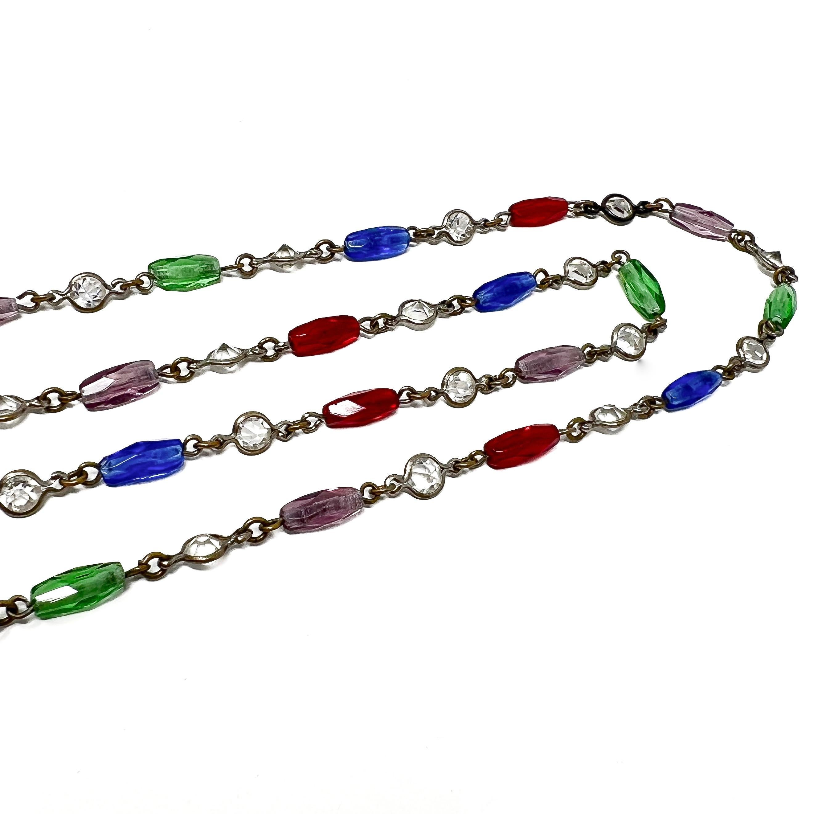 Edwardian c.1900 Crystal and Multi-Coloured Glass Antique Long Guard Chain For Sale 2