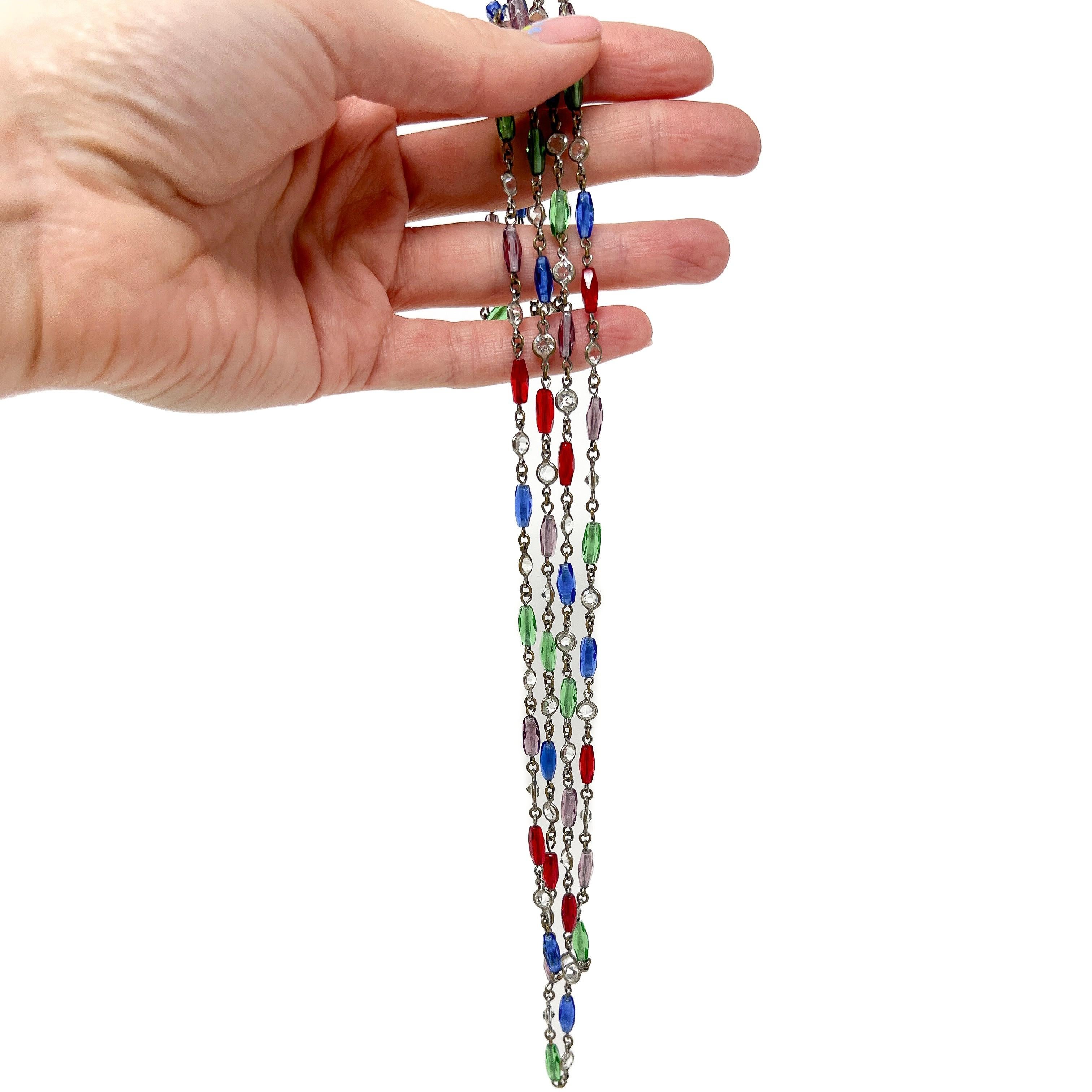 Edwardian c.1900 Crystal and Multi-Coloured Glass Antique Long Guard Chain For Sale 3