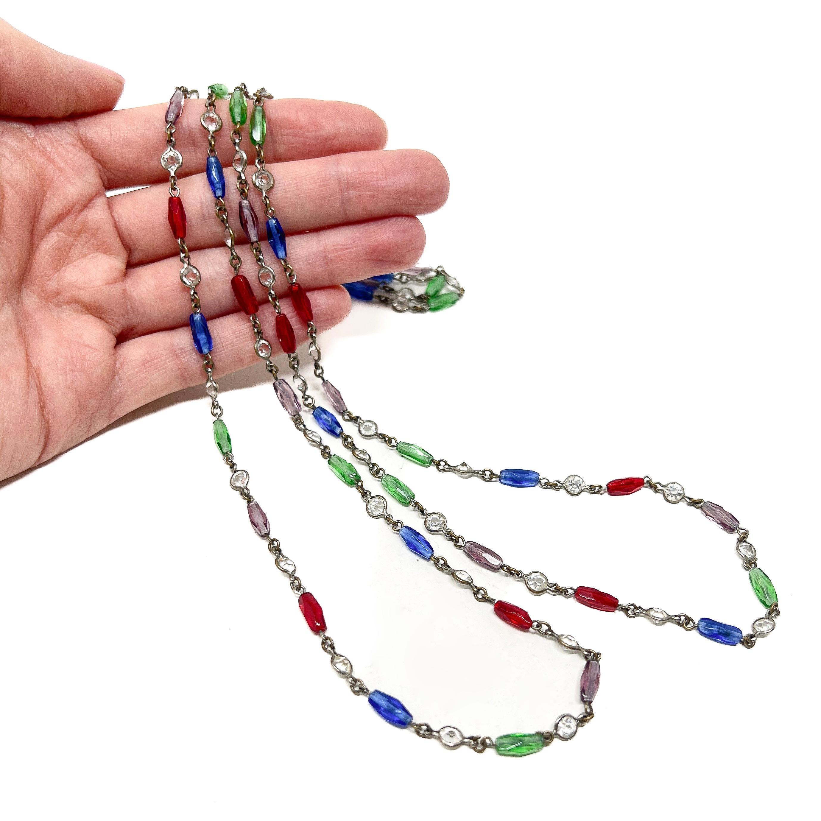 Edwardian c.1900 Crystal and Multi-Coloured Glass Antique Long Guard Chain For Sale 4