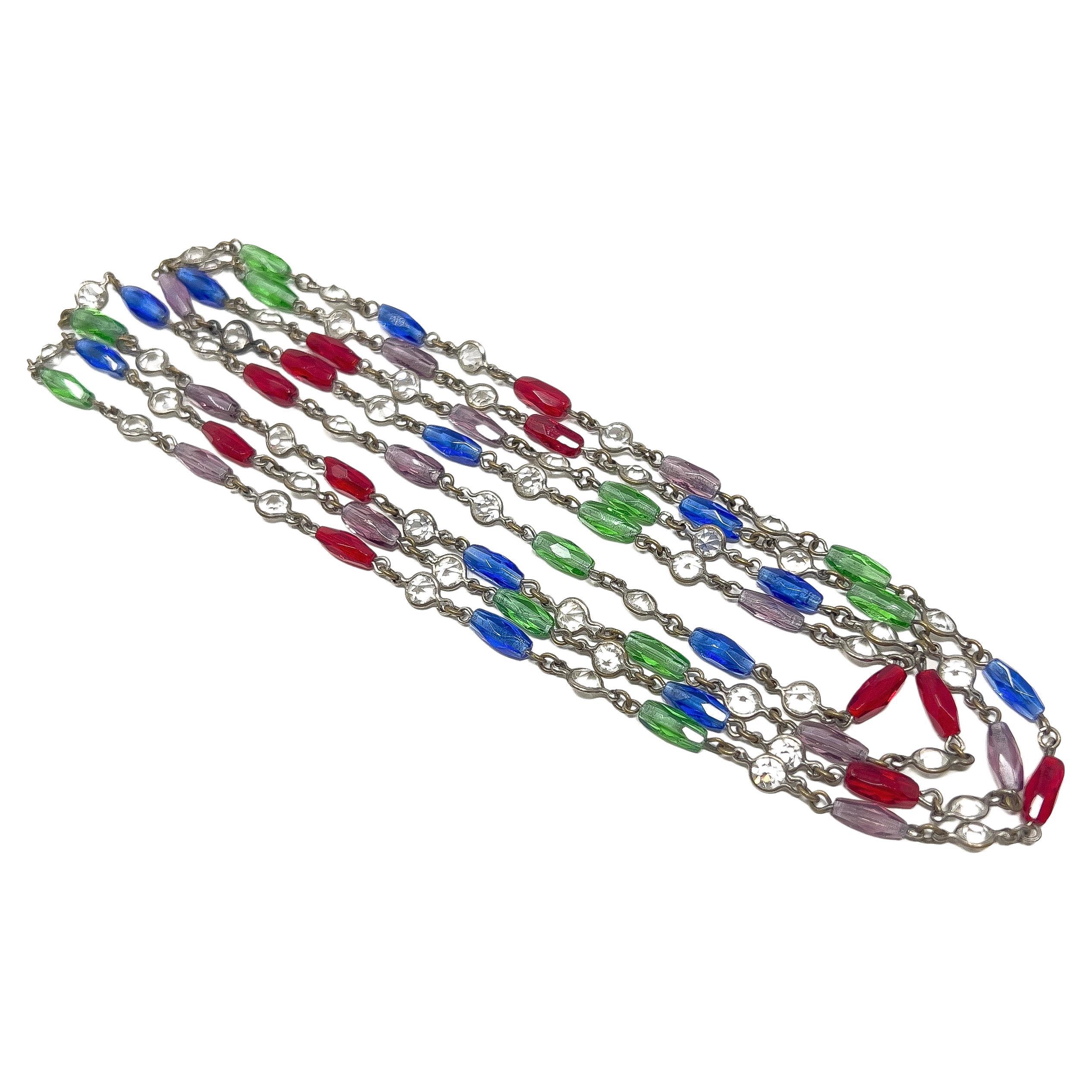 Edwardian c.1900 Crystal and Multi-Coloured Glass Antique Long Guard Chain For Sale