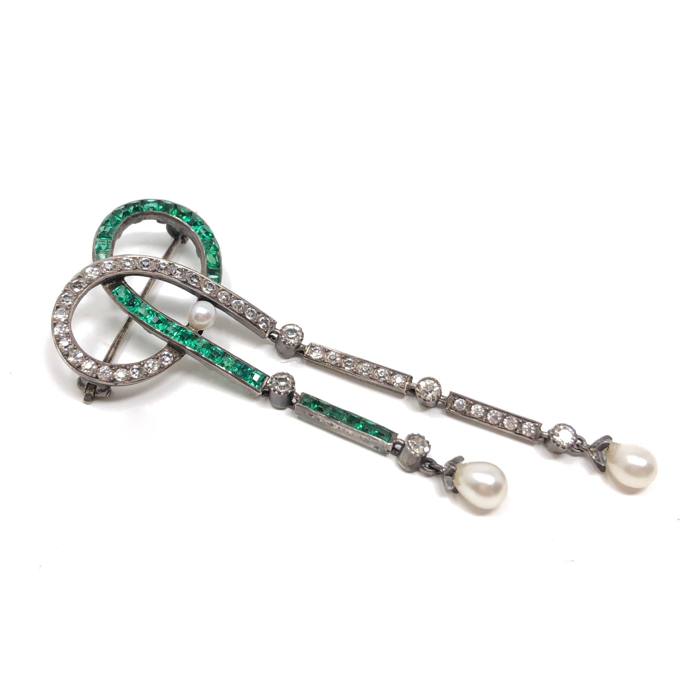 Edwardian c.1900 Emerald Paste and Faux Pearl Antique Négligée Brooch 1