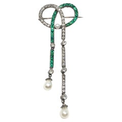 Edwardian c.1900 Emerald Paste and Faux Pearl Antique Négligée Brooch