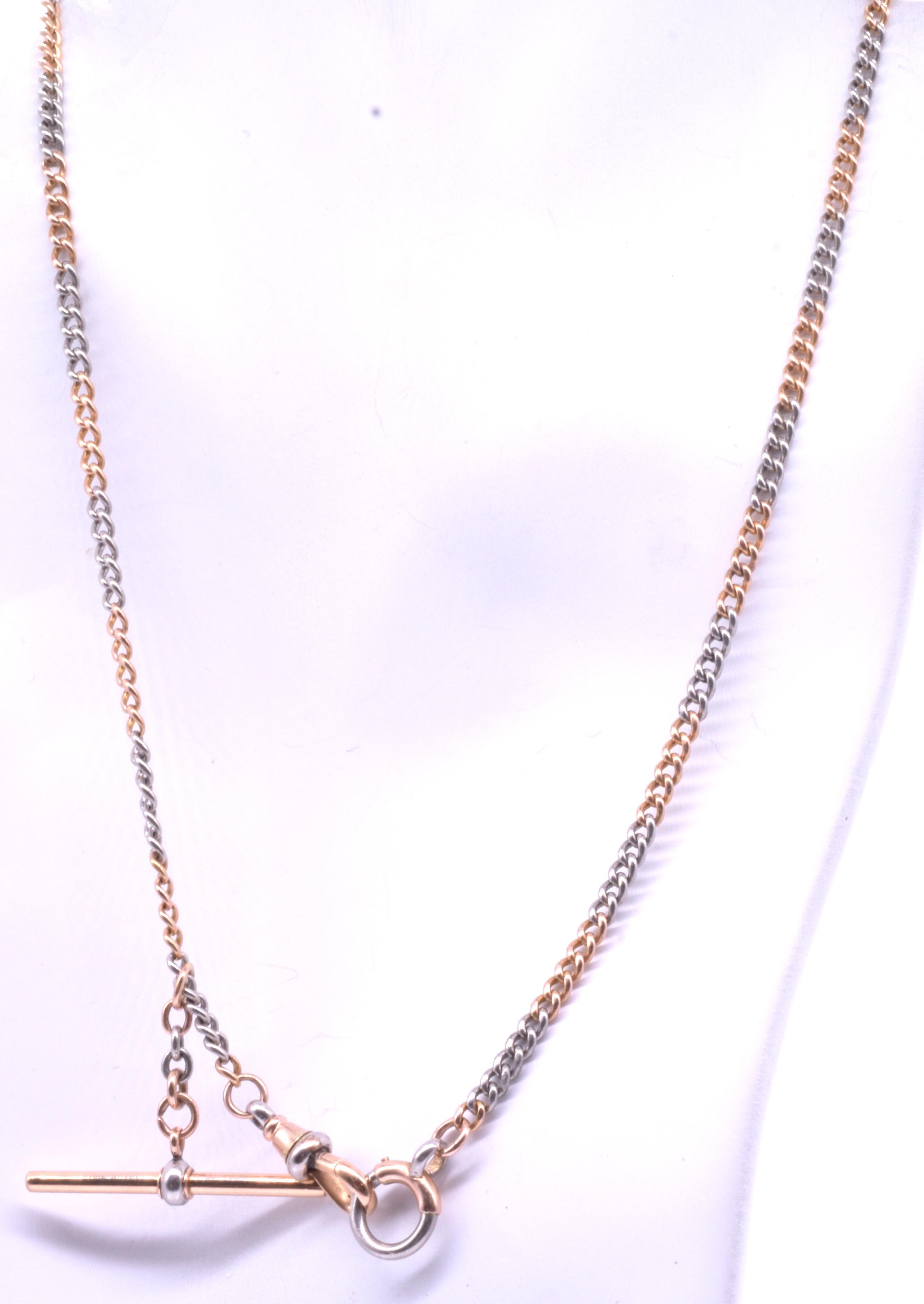 This 20 inch long Albert curb link chain is a classic to add to your jewelry wardrobe. With its round bolt clip and dog tag and T-Bar, all with alternating platinum and gold 2 color design, you can clip on your favorite gold or silver pendant (both