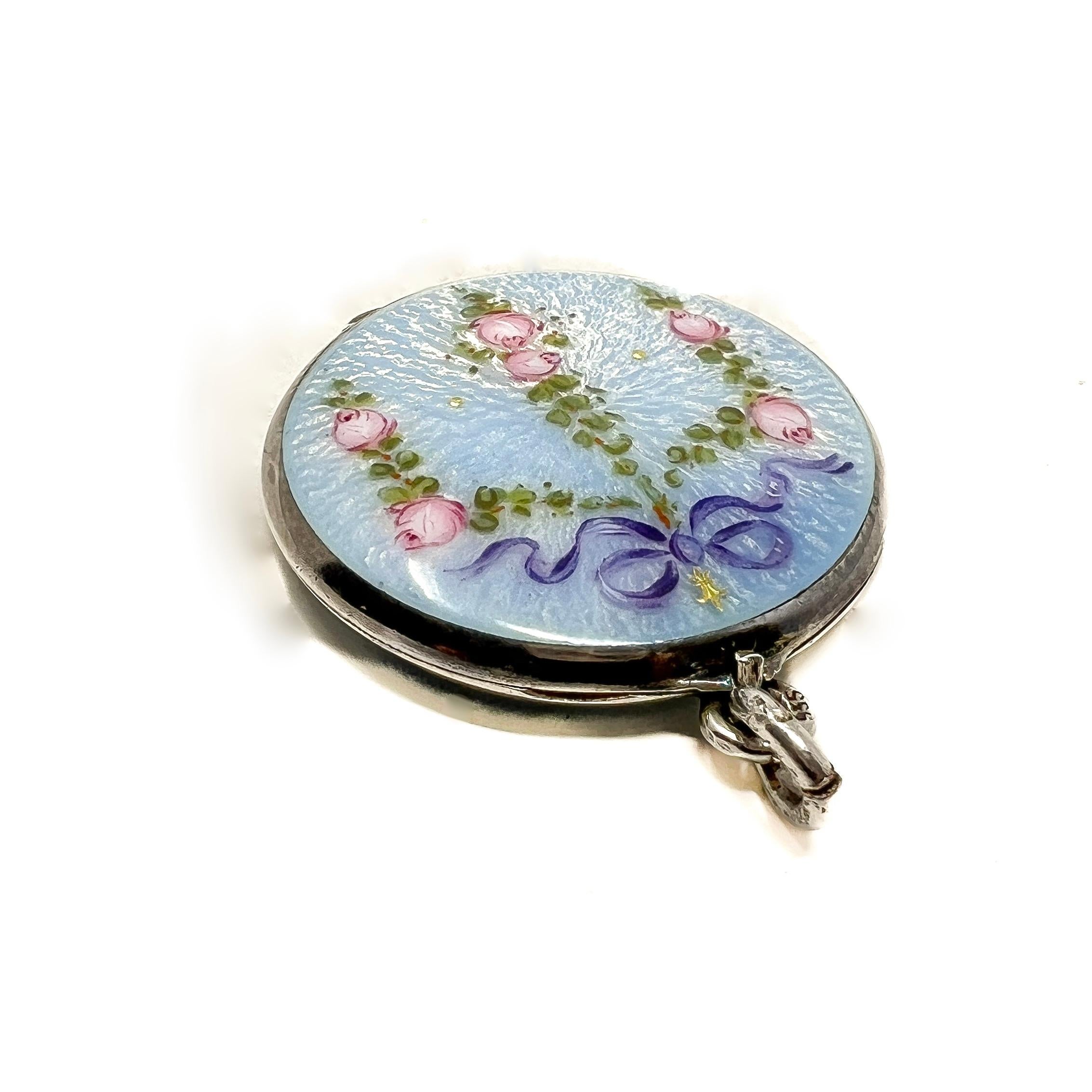 Art Nouveau Edwardian c.1900 Silver and Guilloché Enamel Floral Design Antique Locket