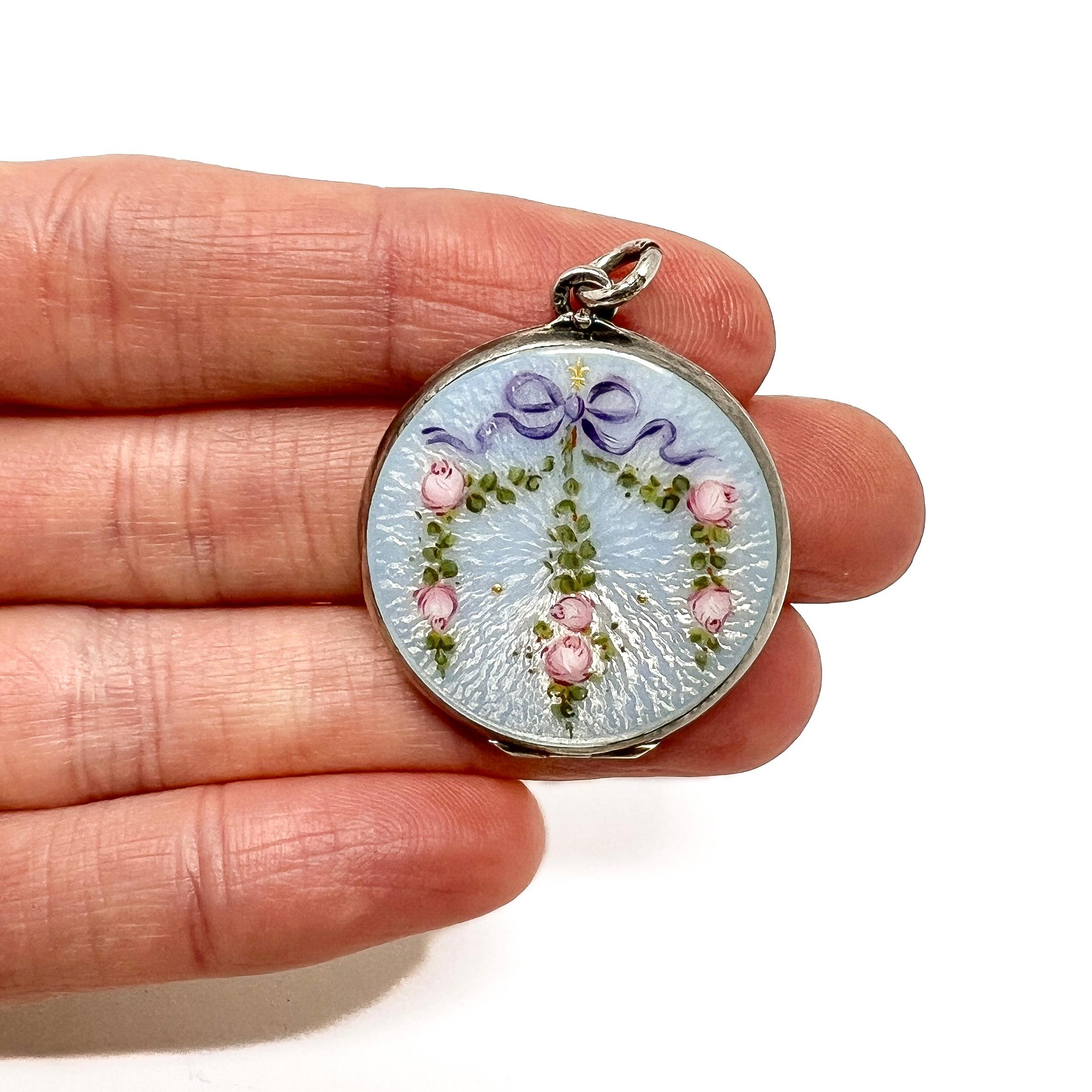 Edwardian c.1900 Silver and Guilloché Enamel Floral Design Antique Locket 2