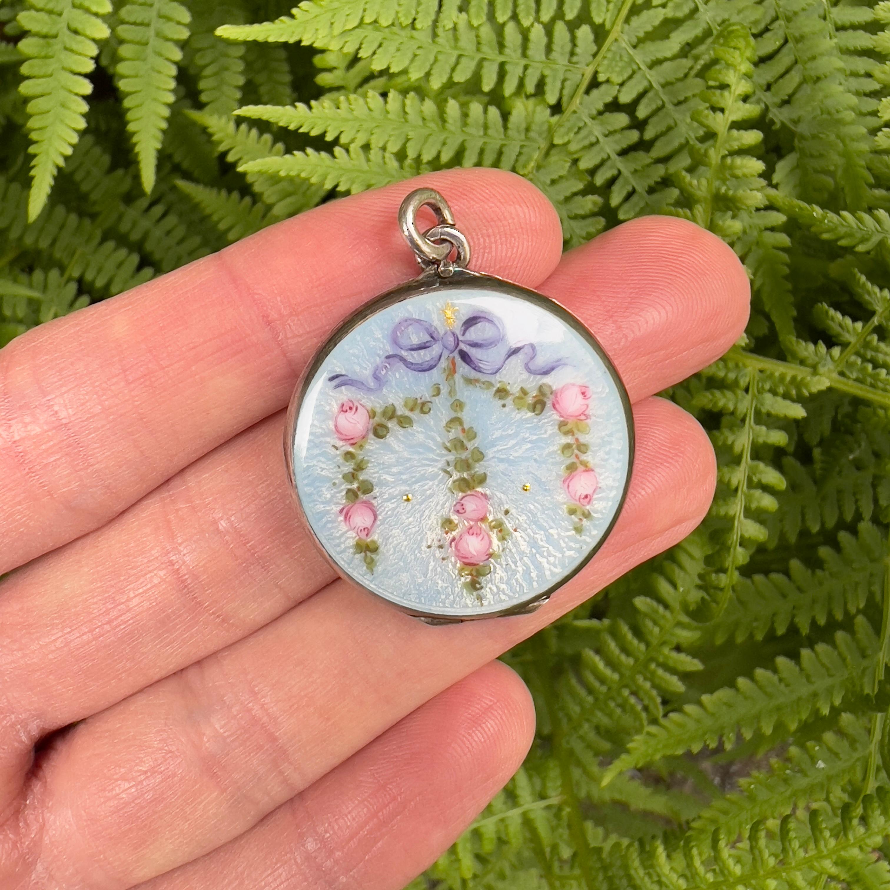 Edwardian c.1900 Silver and Guilloché Enamel Floral Design Antique Locket 4