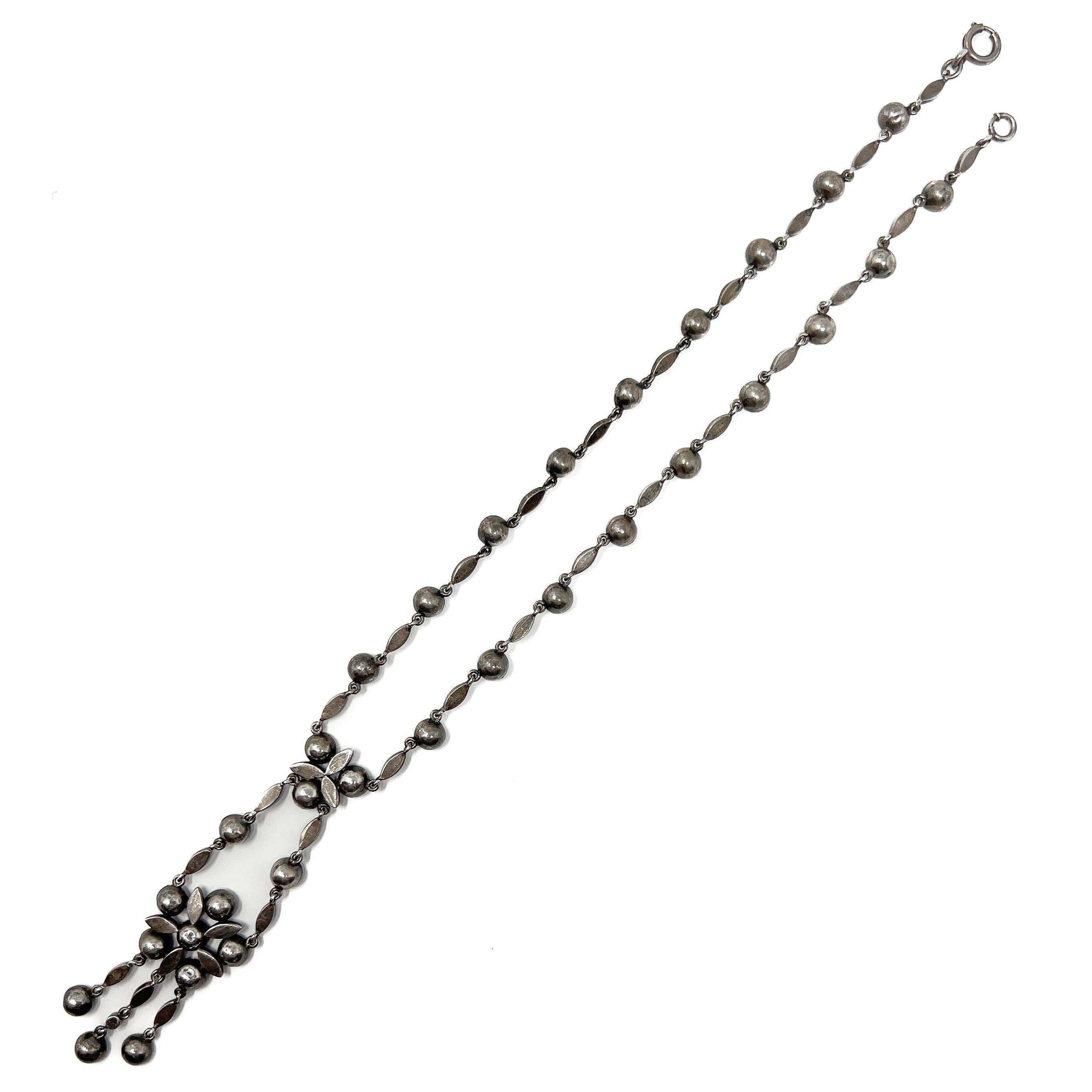 Edwardian c.1900 Silver and Purple Paste Antique Floral Pendant Necklace For Sale 7