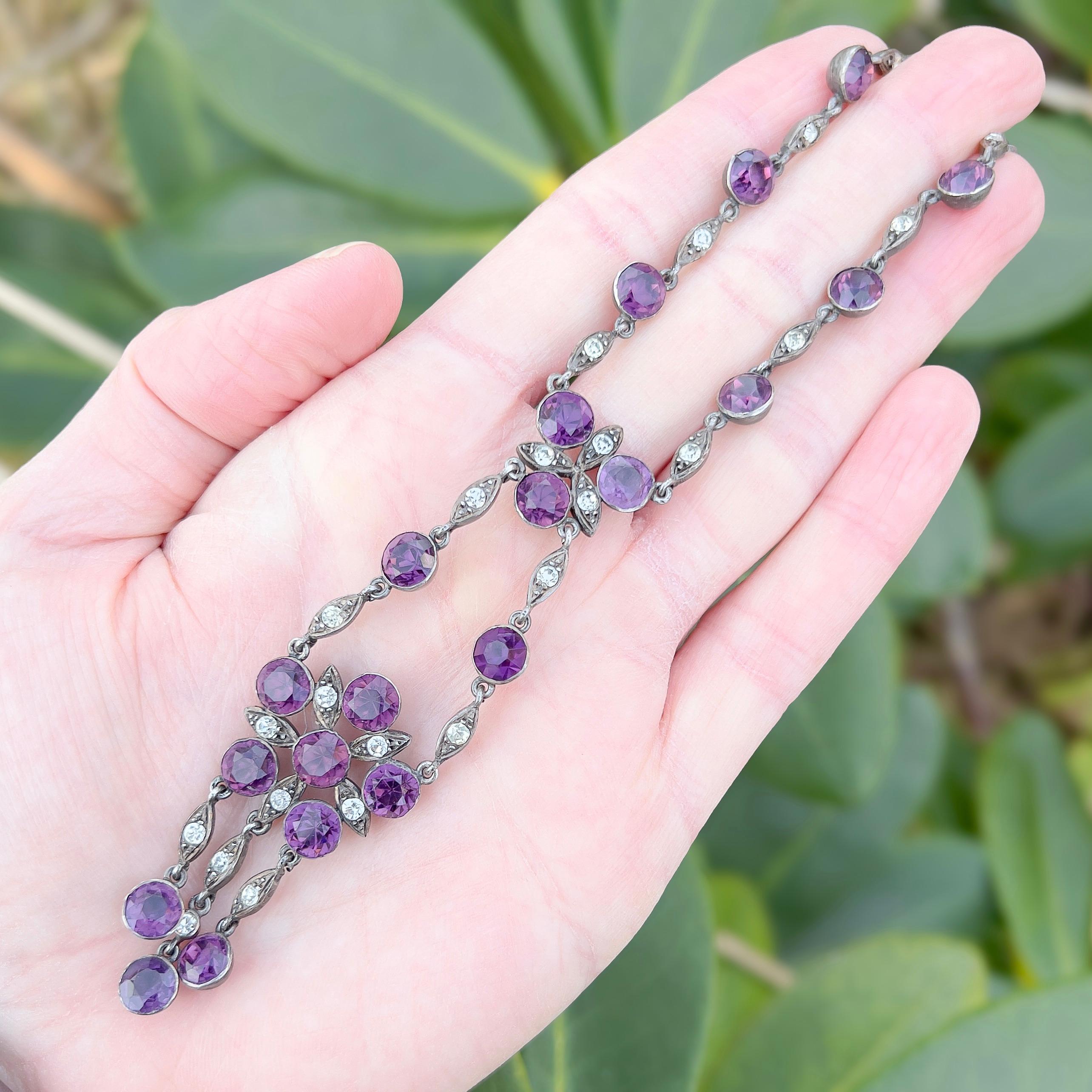 Women's Edwardian c.1900 Silver and Purple Paste Antique Floral Pendant Necklace For Sale