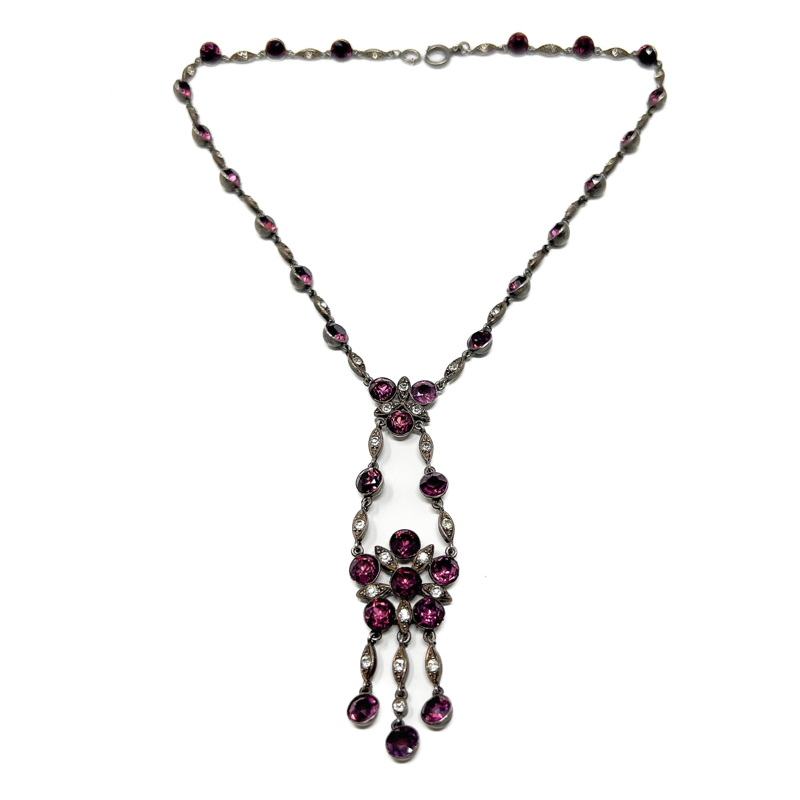 Edwardian c.1900 Silver and Purple Paste Antique Floral Pendant Necklace For Sale 1