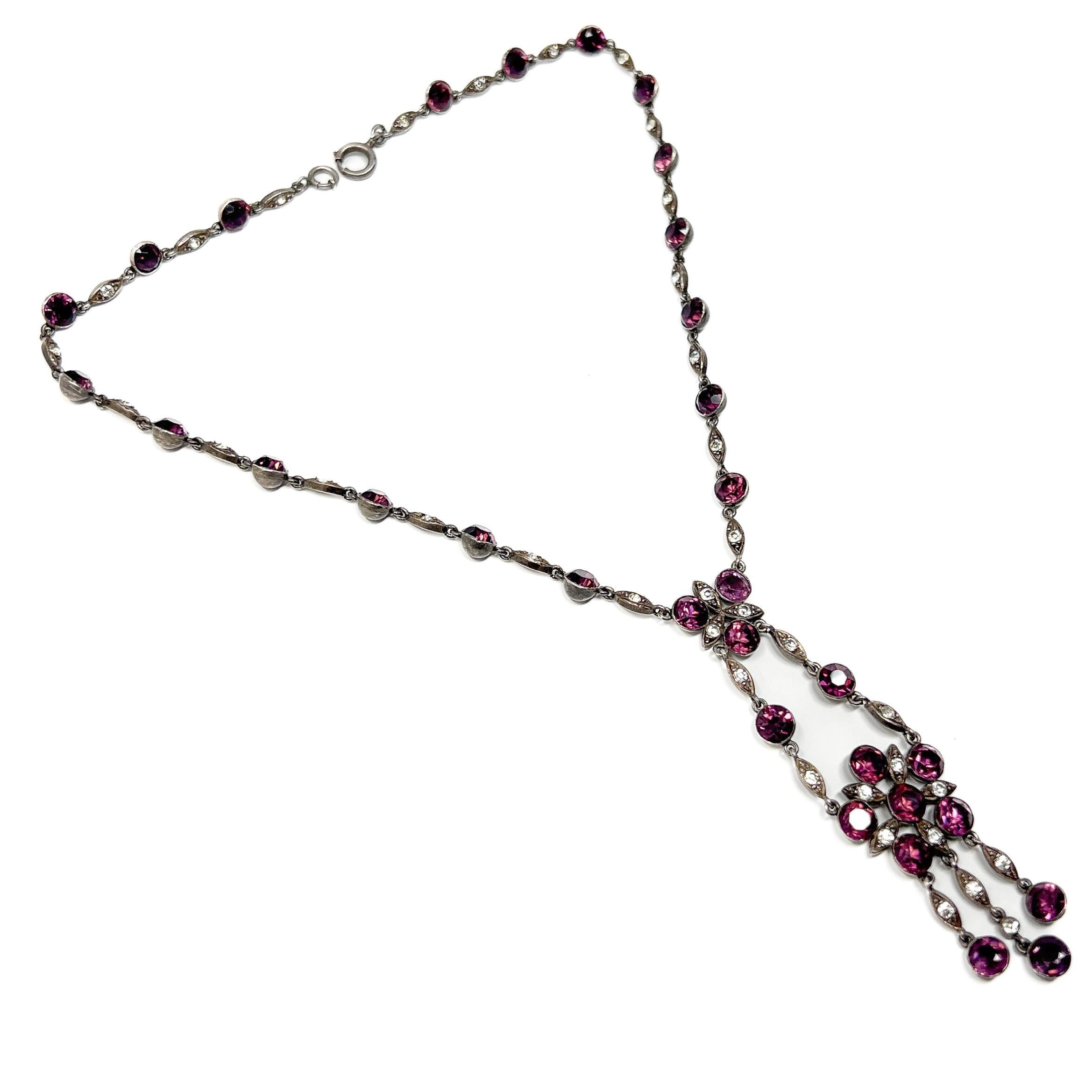 Edwardian c.1900 Silver and Purple Paste Antique Floral Pendant Necklace For Sale 2