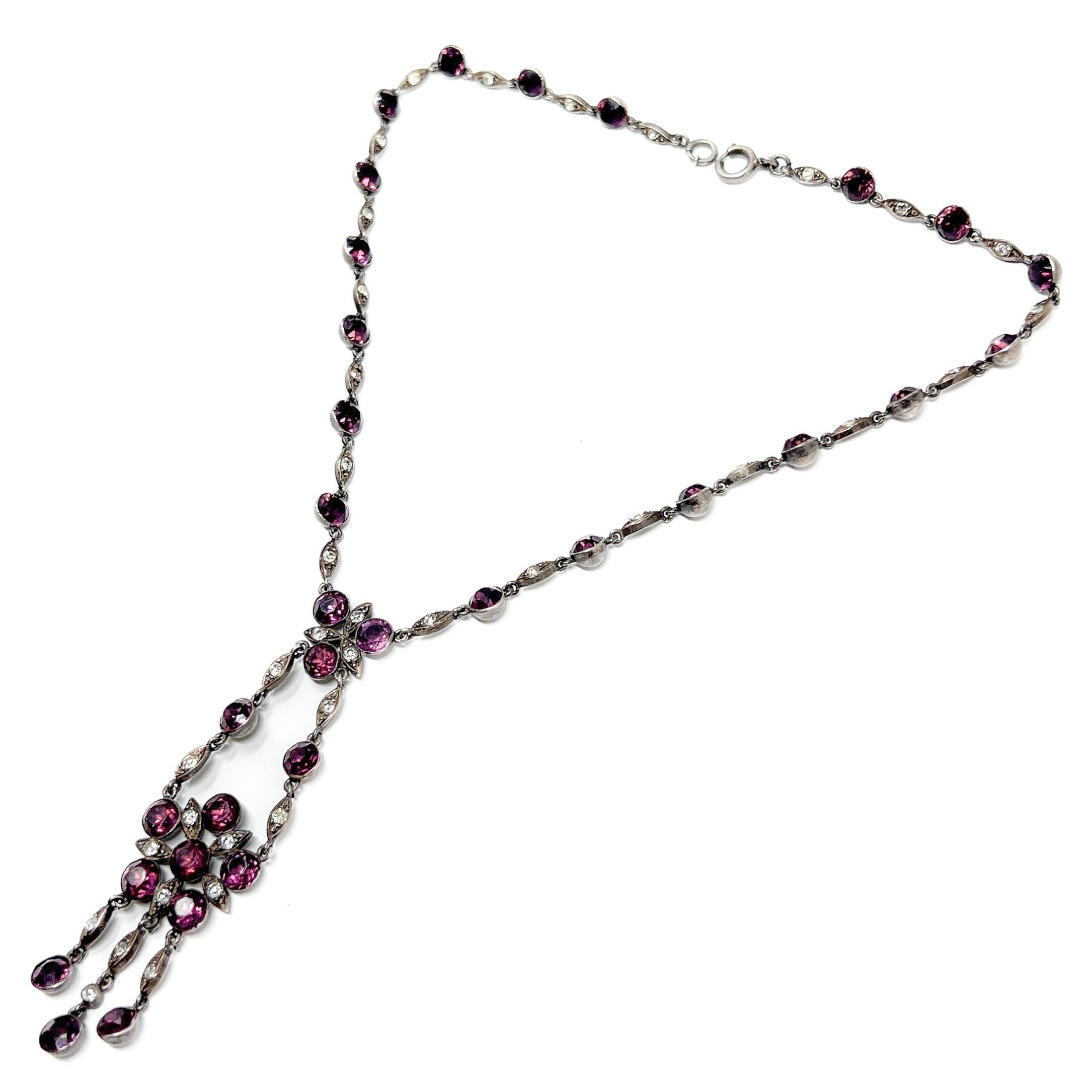 Edwardian c.1900 Silver and Purple Paste Antique Floral Pendant Necklace For Sale 3