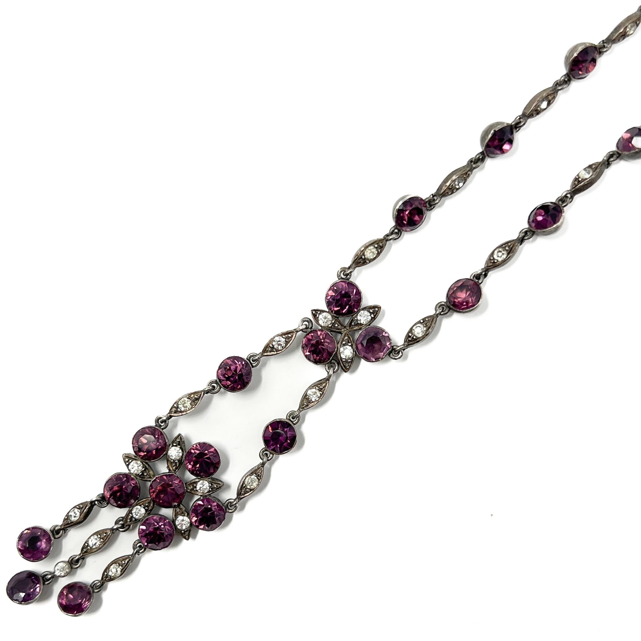 Edwardian c.1900 Silver and Purple Paste Antique Floral Pendant Necklace For Sale 4