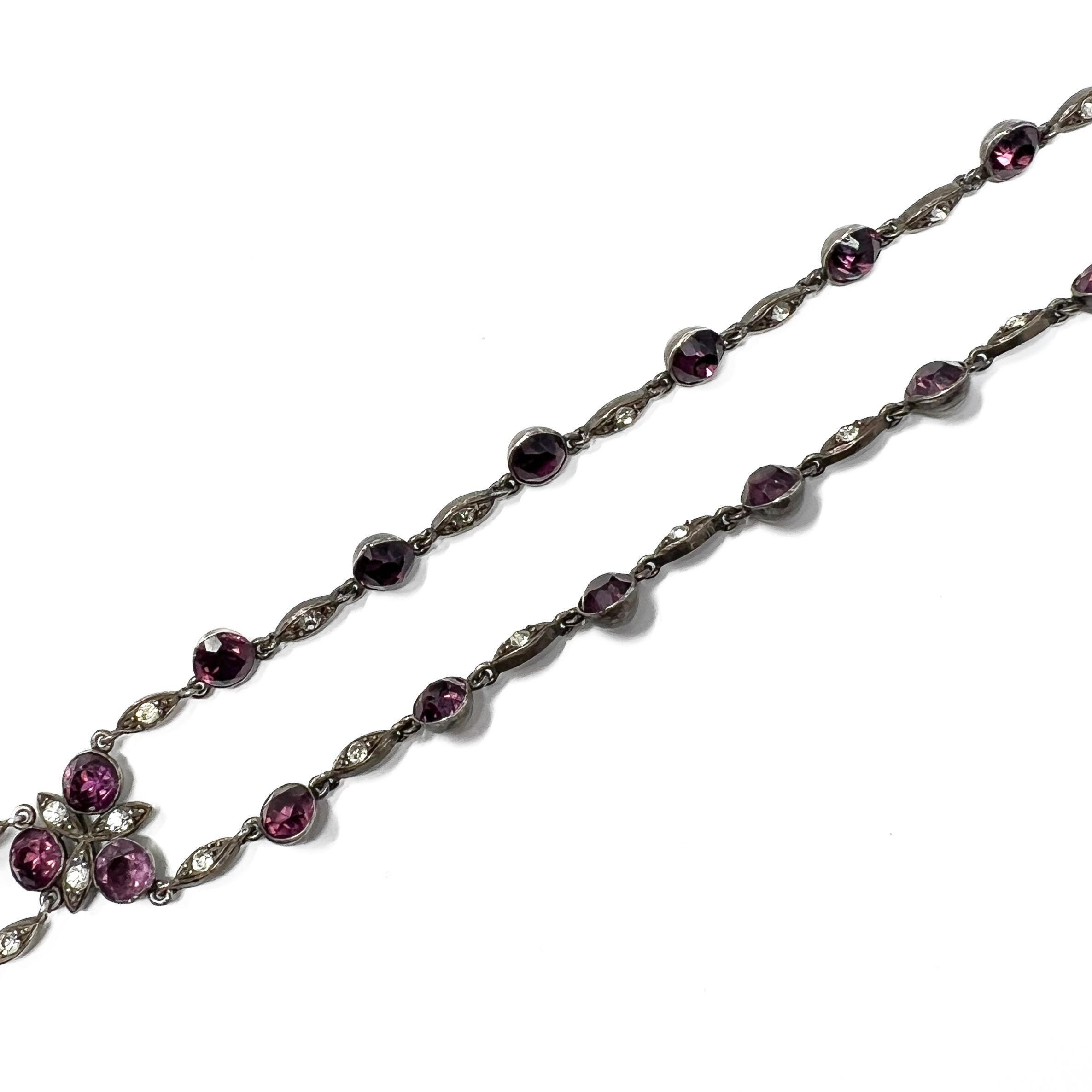 Edwardian c.1900 Silver and Purple Paste Antique Floral Pendant Necklace For Sale 5