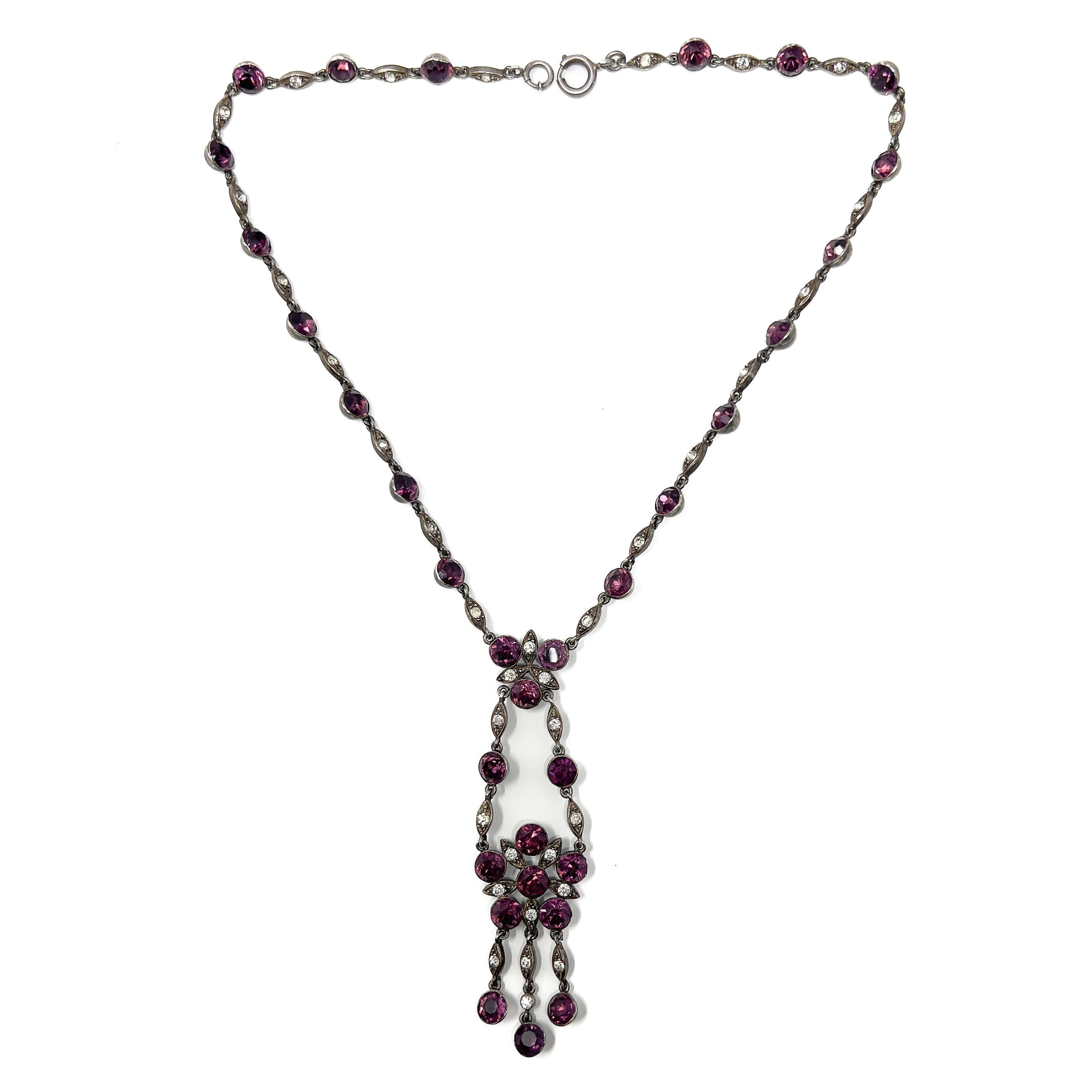 Edwardian c.1900 Silver and Purple Paste Antique Floral Pendant Necklace