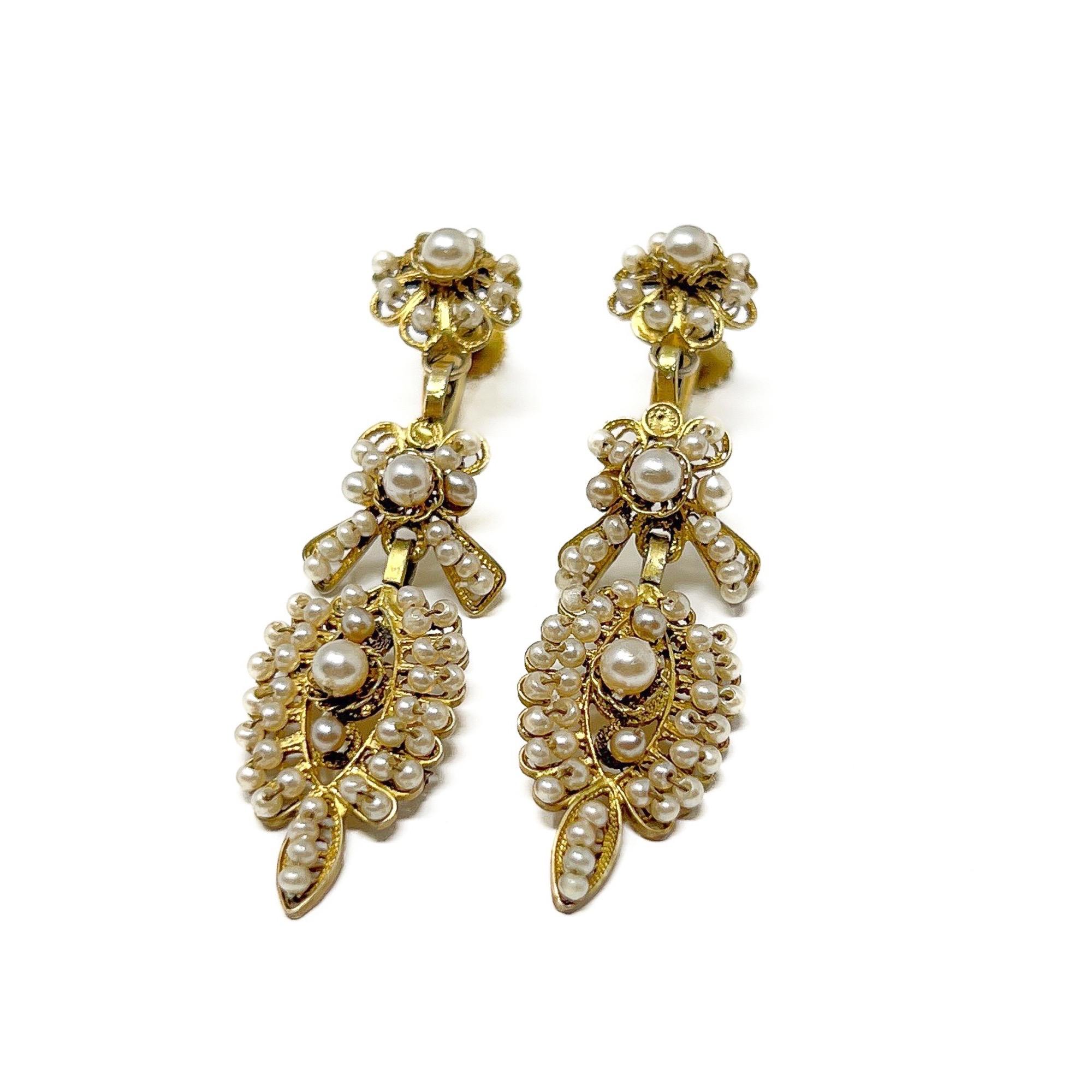 Pendants d'oreilles Edwardian c.1900 en argent doré et perles de rocaille. Pour femmes en vente