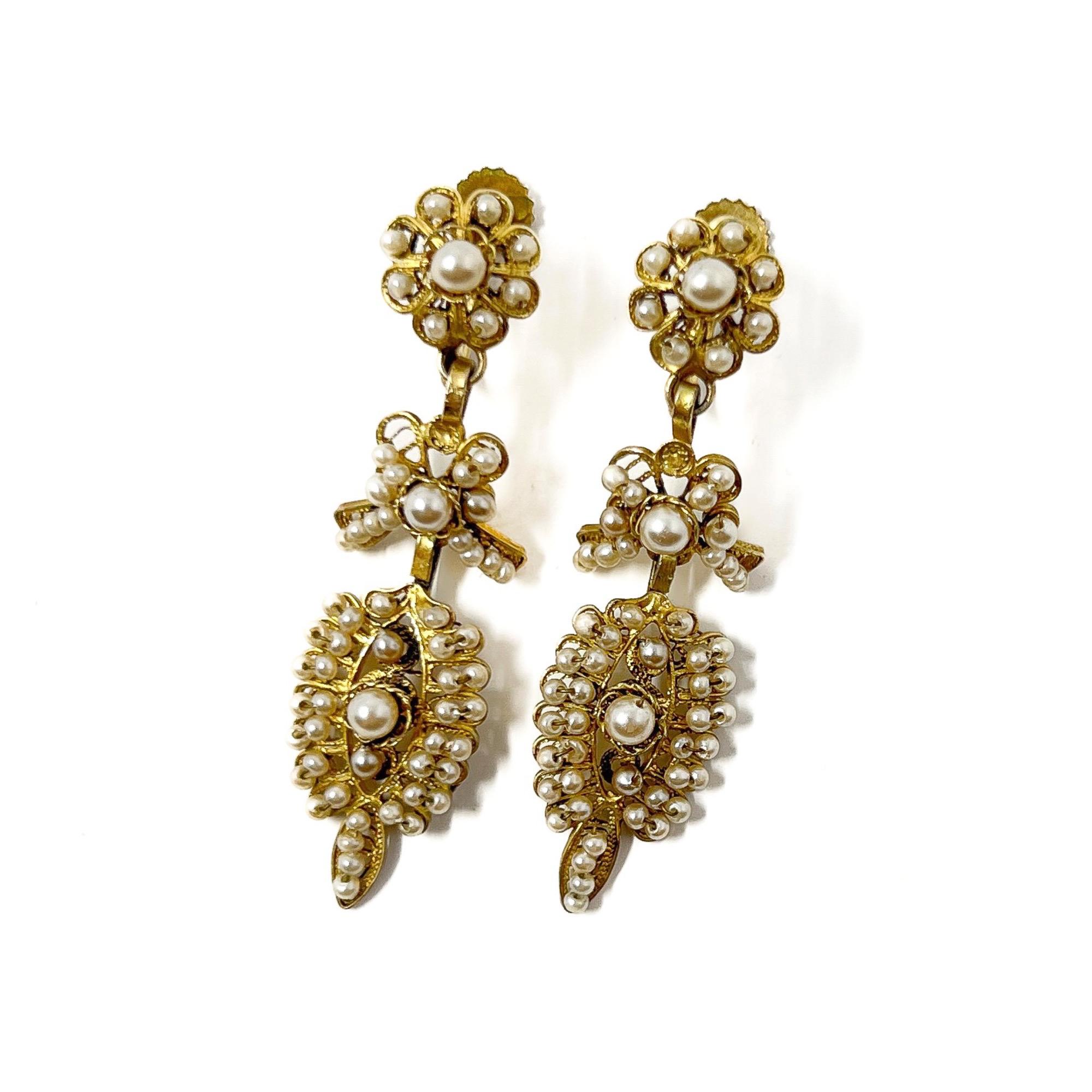 Pendants d'oreilles Edwardian c.1900 en argent doré et perles de rocaille.