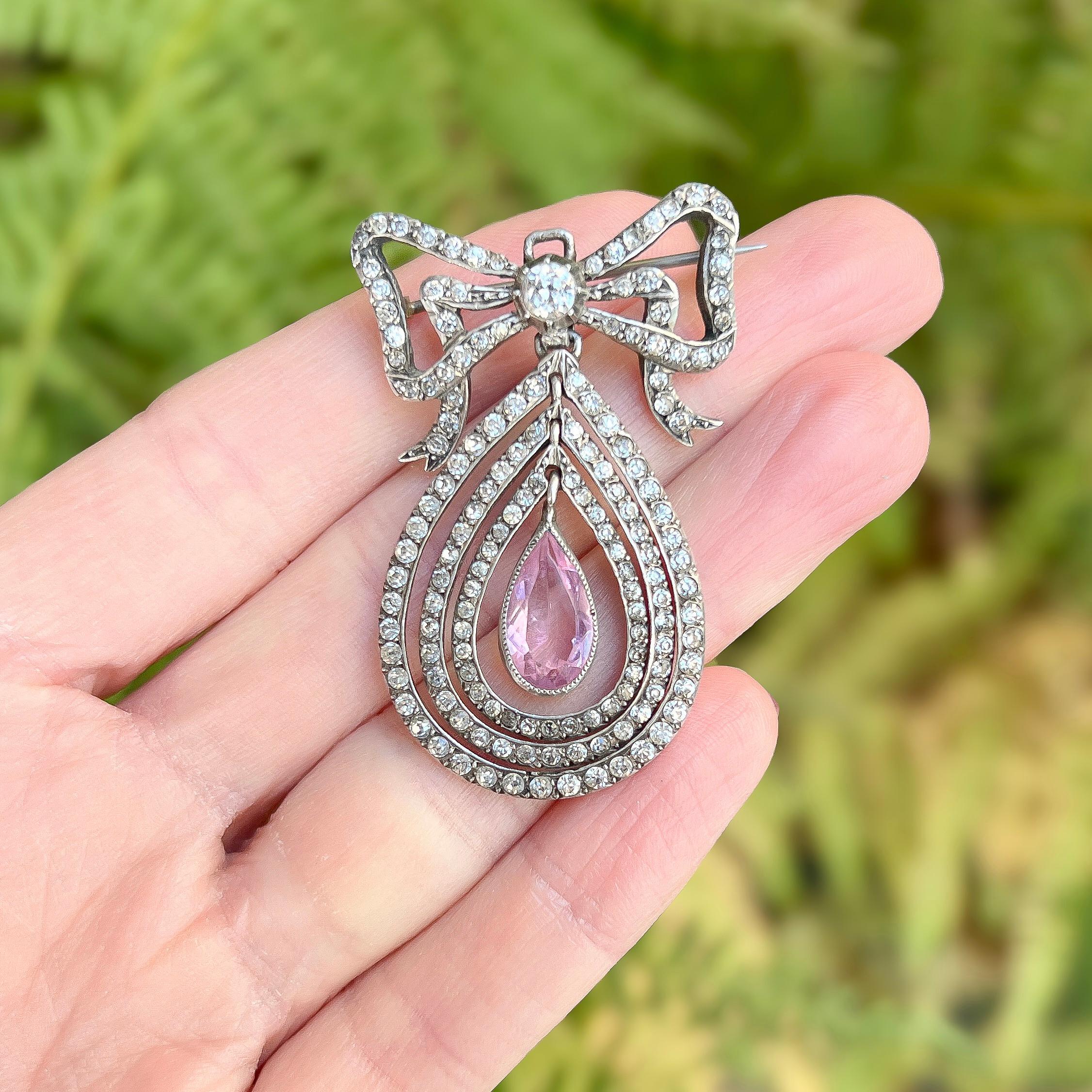 Edwardian c.1900 Silver, Paste and Pink Glass Antique Bow Pendant/Brooch In Good Condition For Sale In Skelmersdale, GB