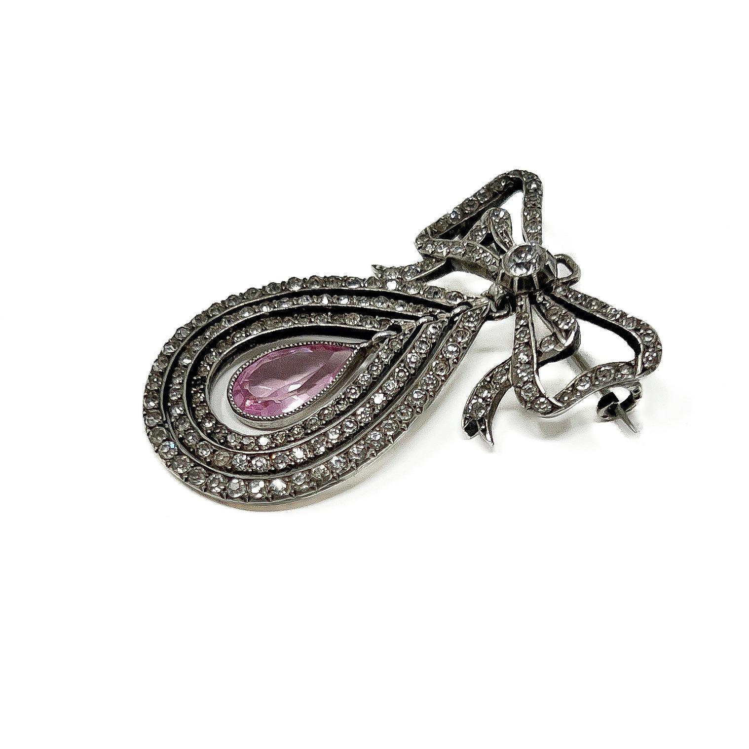 Women's Edwardian c.1900 Silver, Paste and Pink Glass Antique Bow Pendant/Brooch For Sale