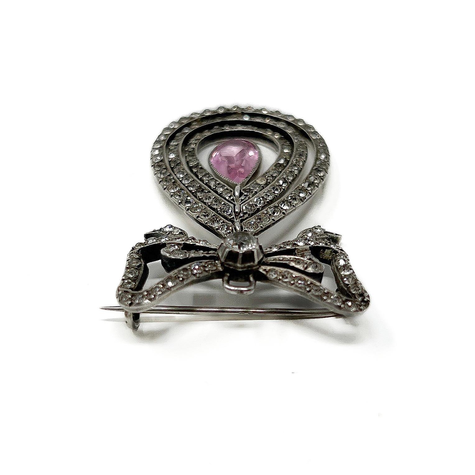 Edwardian c.1900 Silver, Paste and Pink Glass Antique Bow Pendant/Brooch For Sale 1