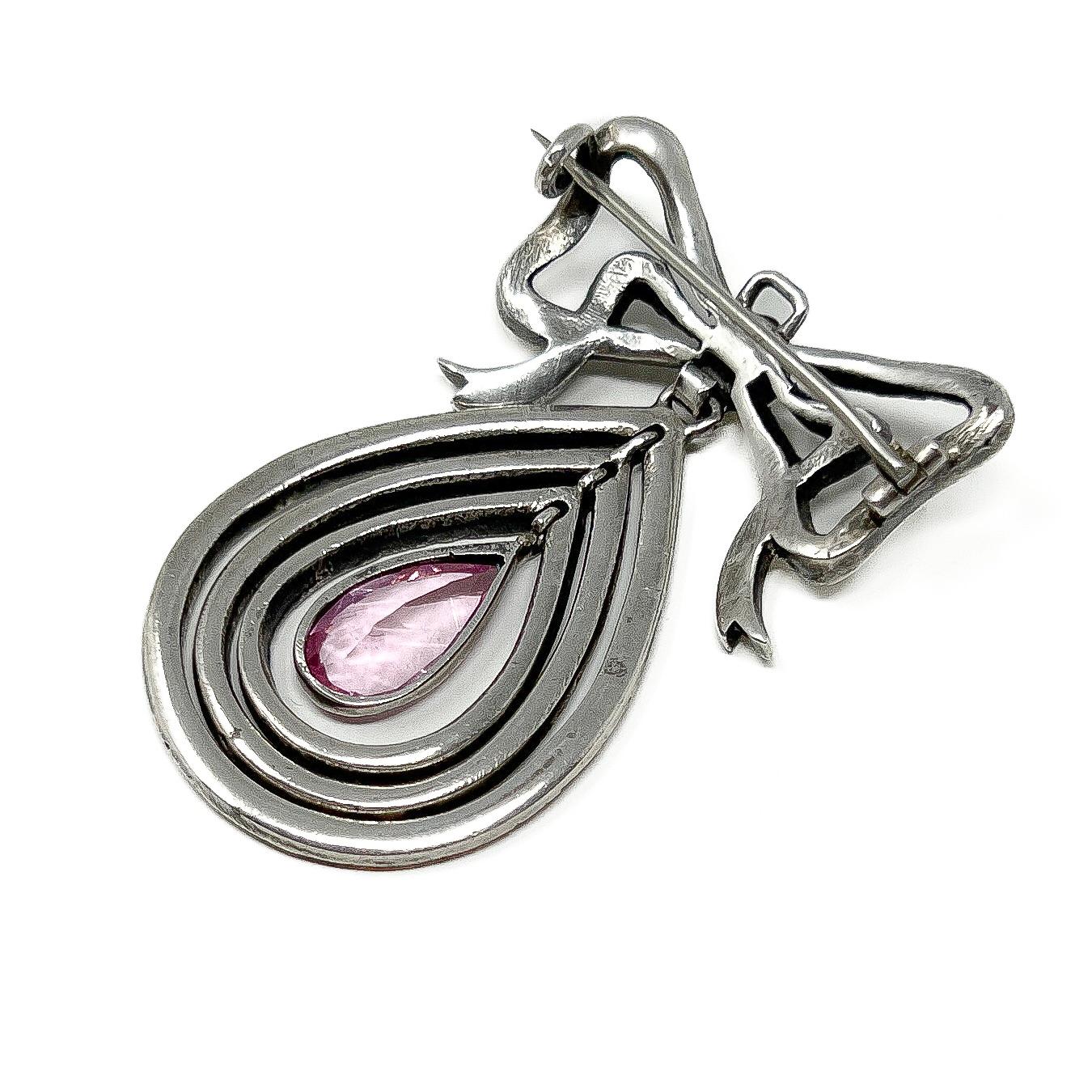 Edwardian c.1900 Silver, Paste and Pink Glass Antique Bow Pendant/Brooch For Sale 3