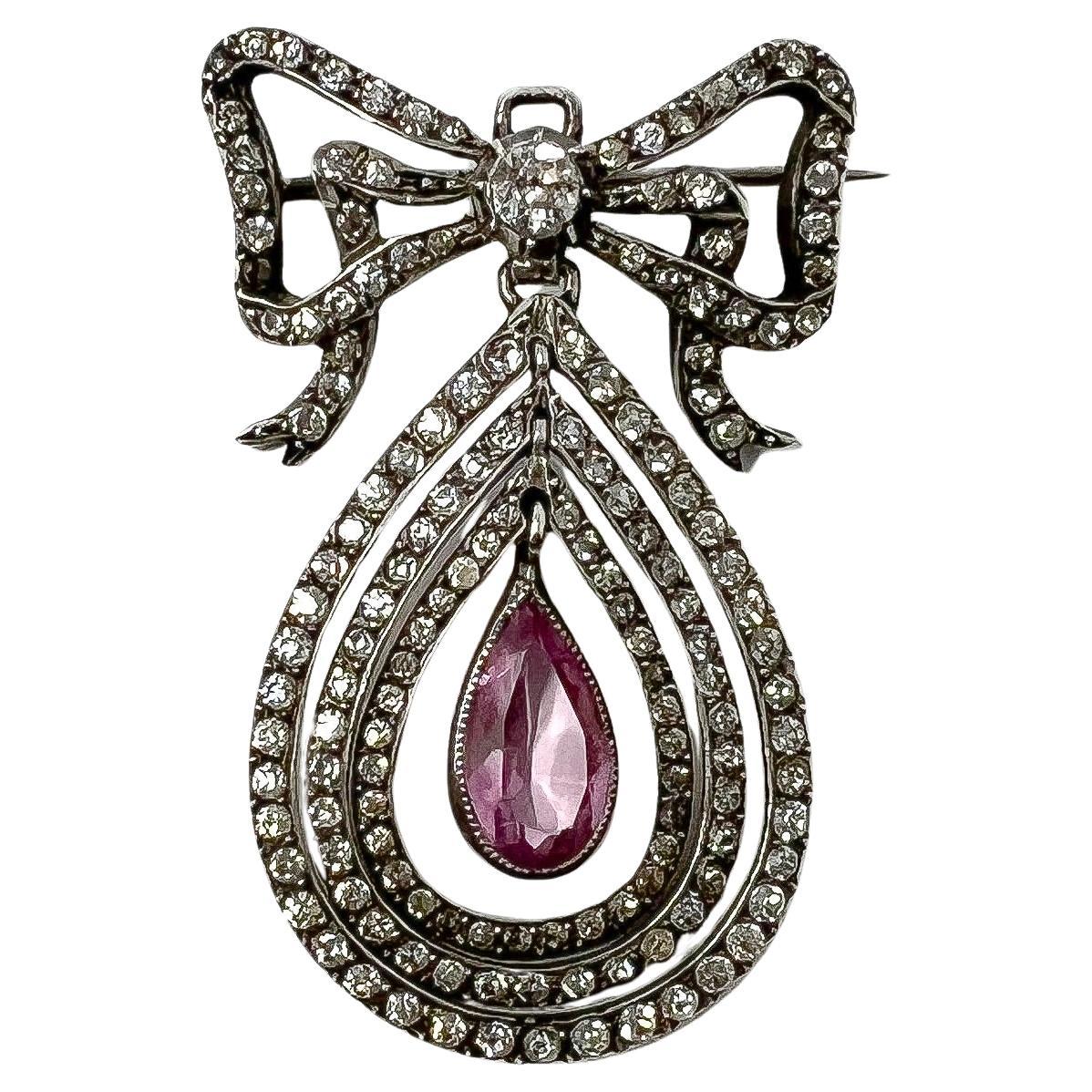 Edwardian c.1900 Silver, Paste and Pink Glass Antique Bow Pendant/Brooch For Sale
