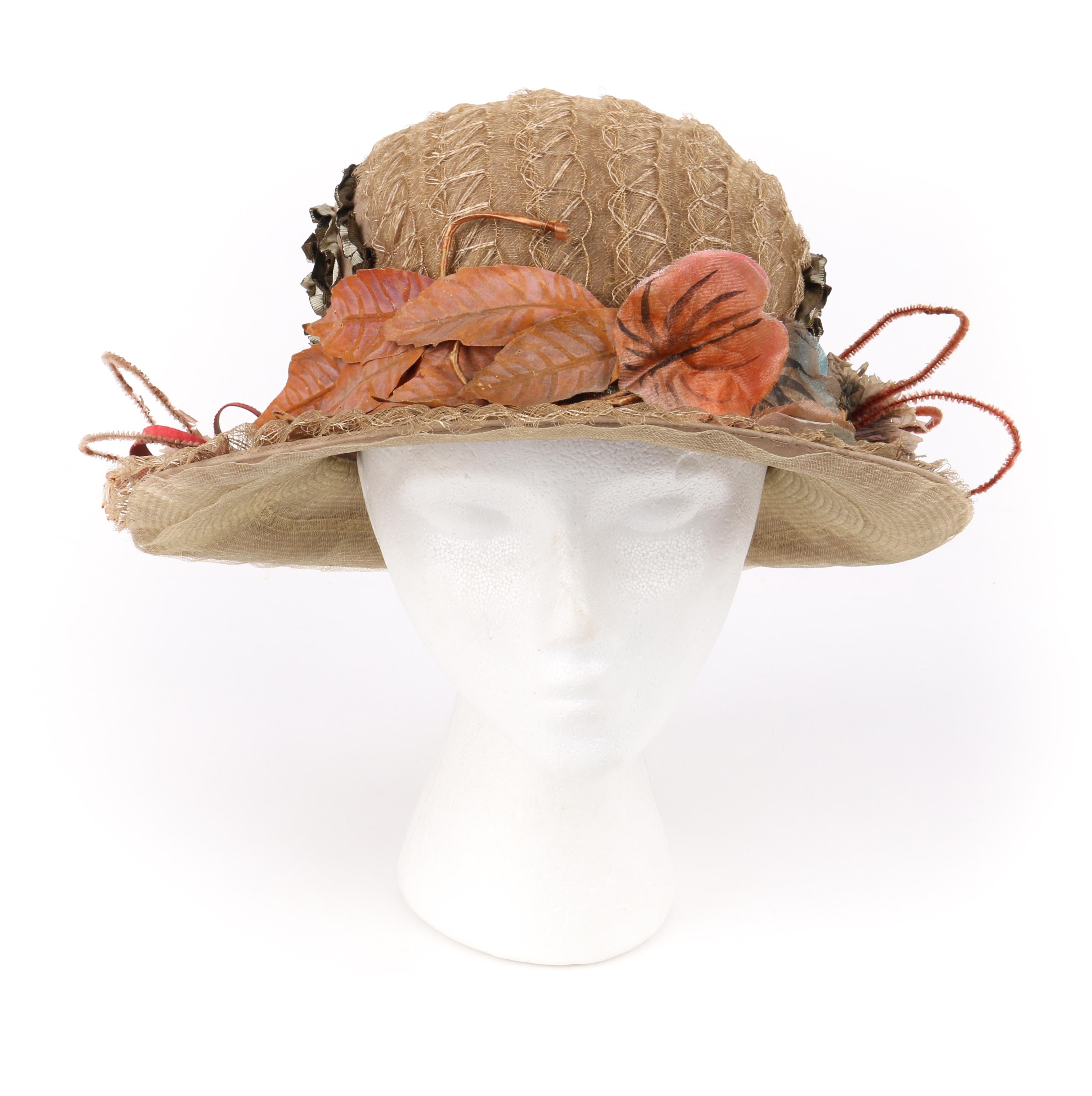 DESCRIPTION: EDWARDIAN c.1900's Beige Scalloped Horsehair Floral Autumn Leaf Afternoon Hat 
 
Circa: c.1900’s
Label(s): None
Style: Afternoon hat
Color(s): Multi
Lined: Yes
Unmarked Fabric Content (feel of): Horsehair; Silk; Straw
Additional Details