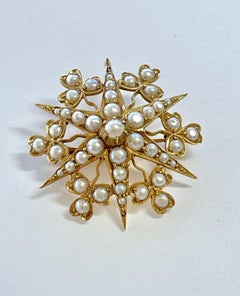 Edwardian c1905 Split Pearl Starburst Heart Brooch 15ct Yellow Gold